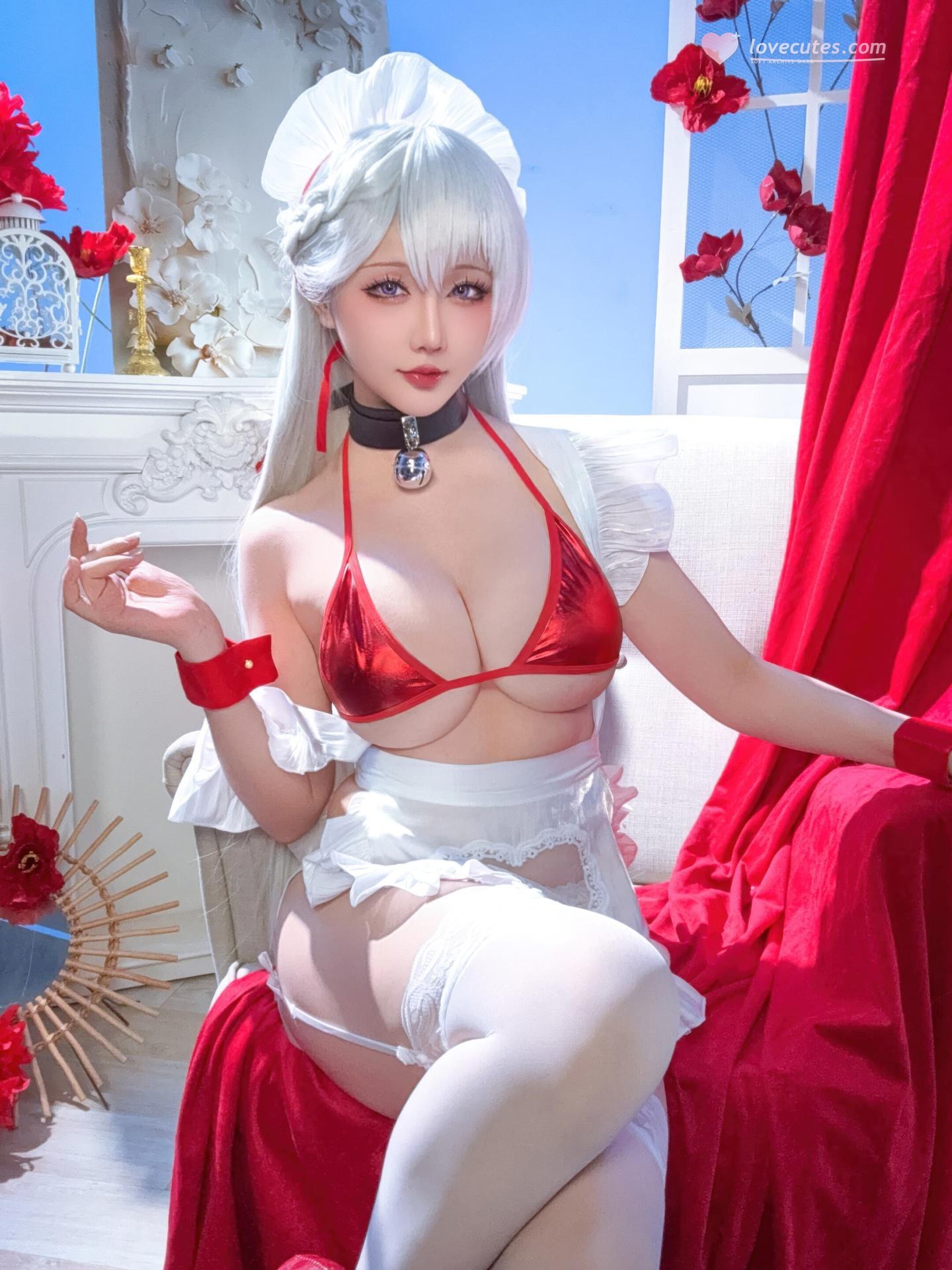 [cosplay] 星之迟遲Hoshilily - 碧藍航線 貝爾法斯特：白髮紅繩泳裝 和風美胸 49P