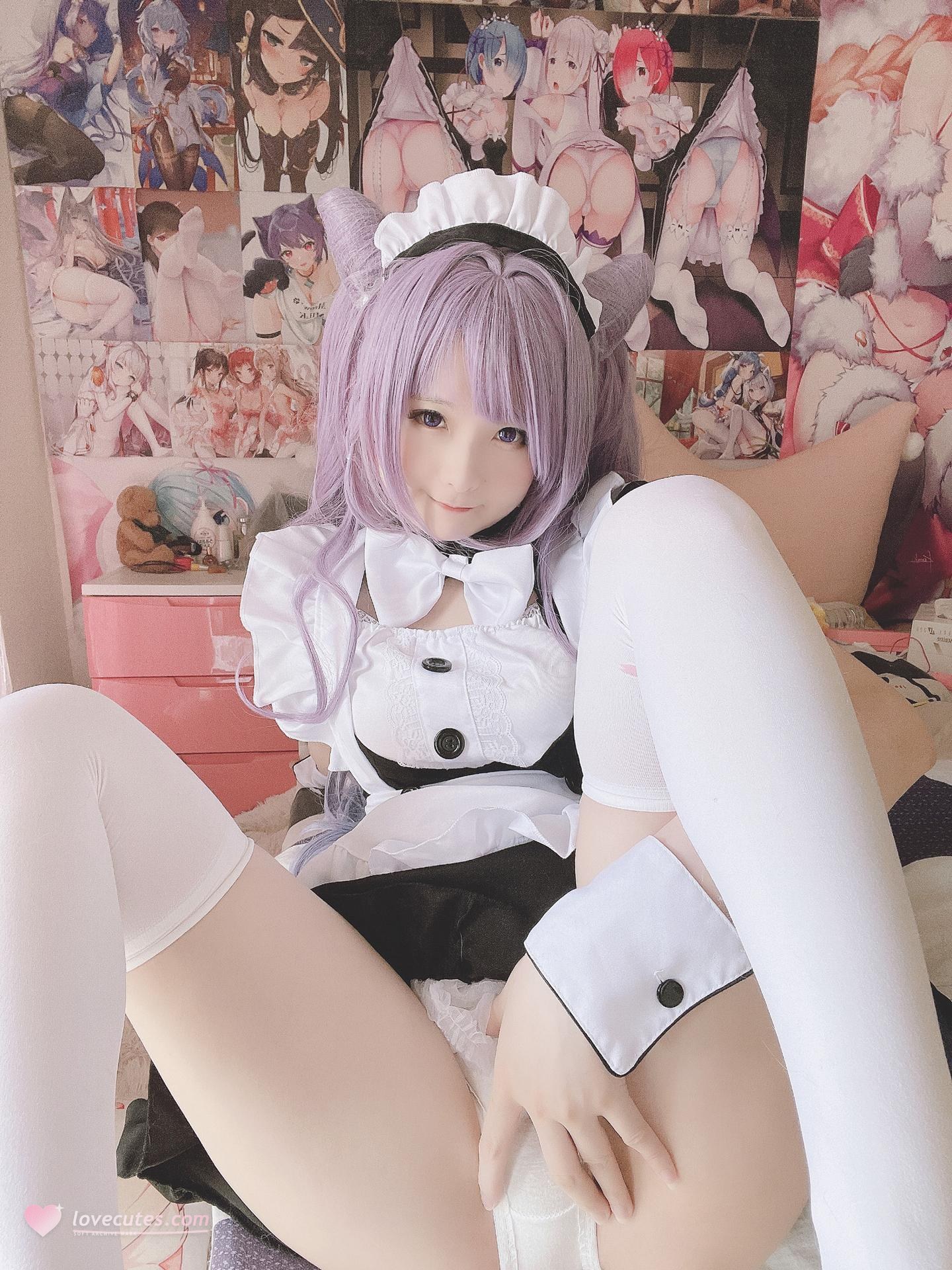 [cosplay] 习呆呆 - 刻晴女仆：ผมสีม่วง หูแมว โชว์หัวนม ตามต้นฉบับ 27P