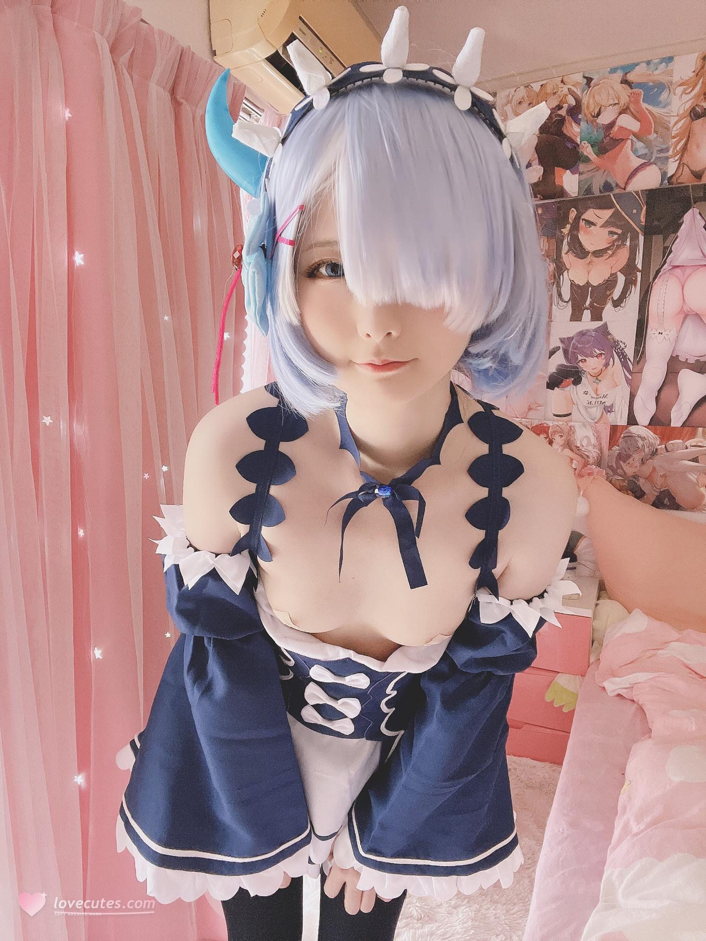 [cosplay] 习呆呆 - 甘雨：วิกผมสีน้ำเงินชุดเมดเปิดจุดสำคัญขนาดใหญ่ สมจริง 36P2V