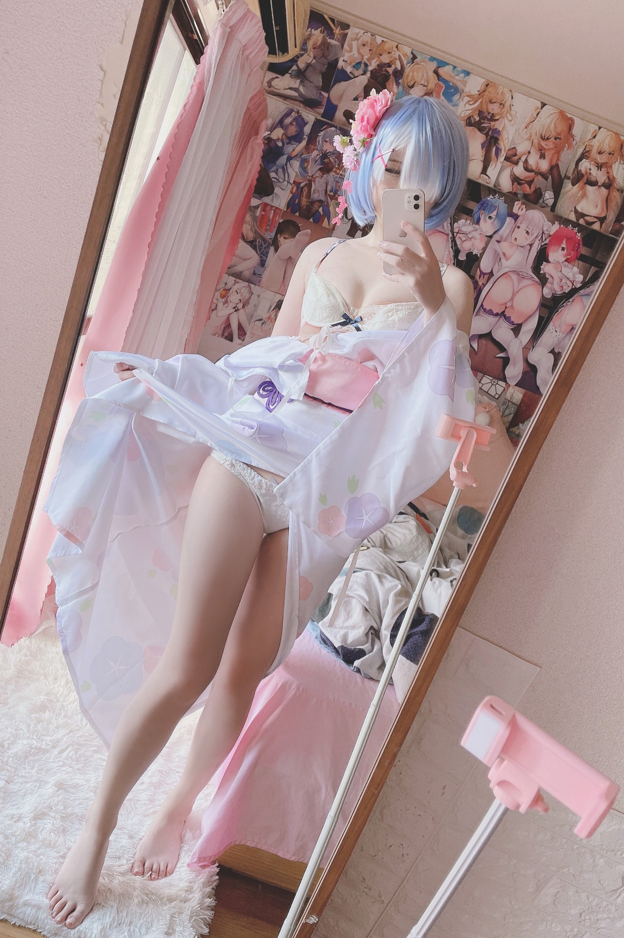 [cosplay] 习呆呆 - เรมุ ชุดกิโมโน: ลายจุดโทนชมพูขาวสไตล์วะฟุ ถอดแบบ 42P1V