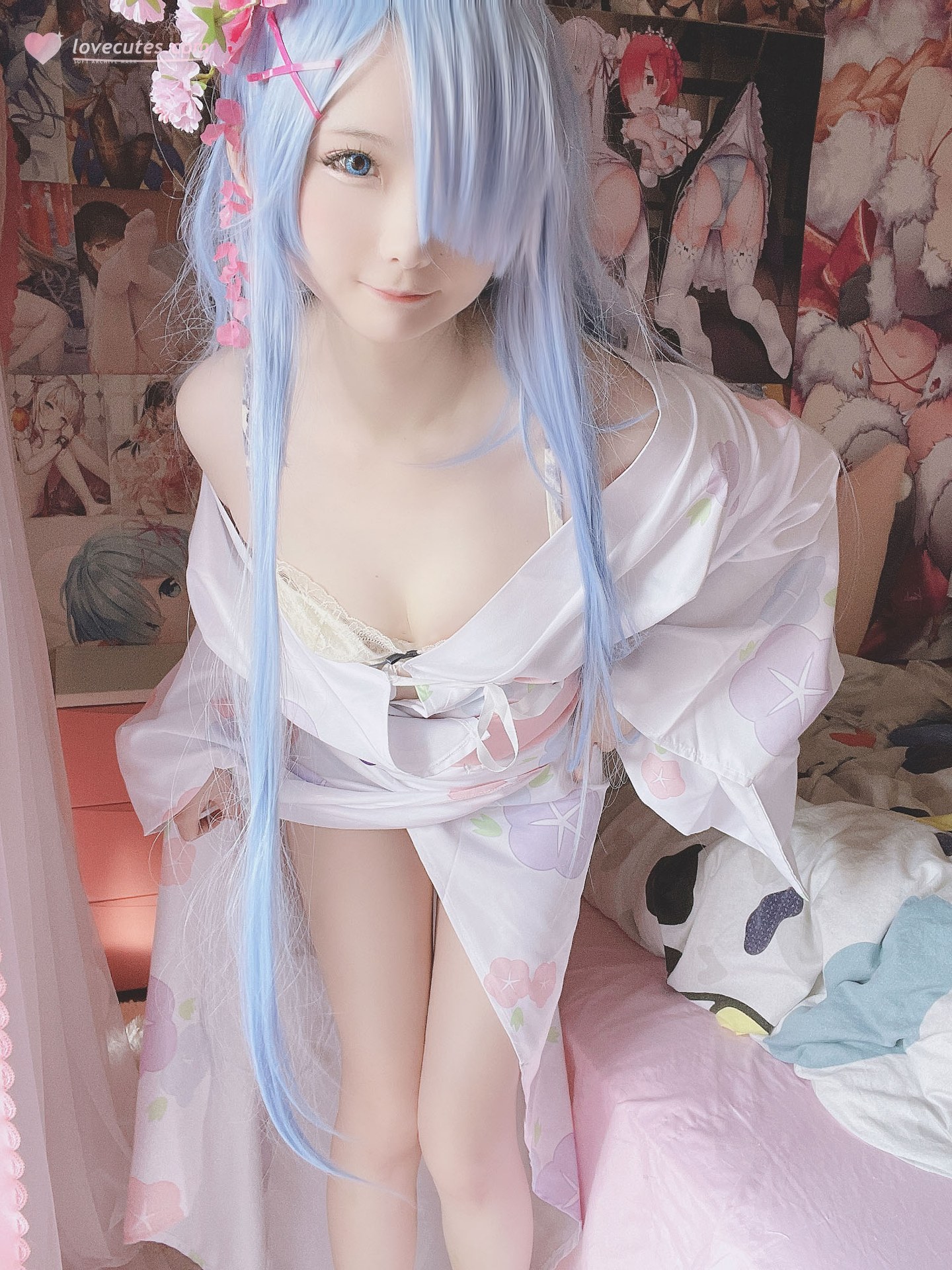 [cosplay] 习呆呆 - เรมุ ชุดกิโมโน: ลายจุดโทนชมพูขาวสไตล์วะฟุ ถอดแบบ 42P1V