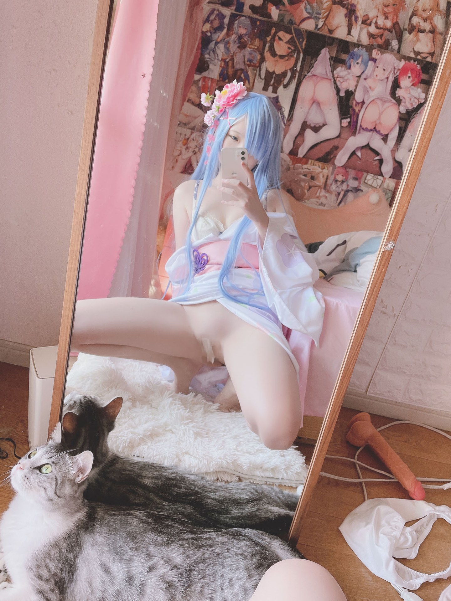 [cosplay] 习呆呆 - เรมุ ชุดกิโมโน: ลายจุดโทนชมพูขาวสไตล์วะฟุ ถอดแบบ 42P1V