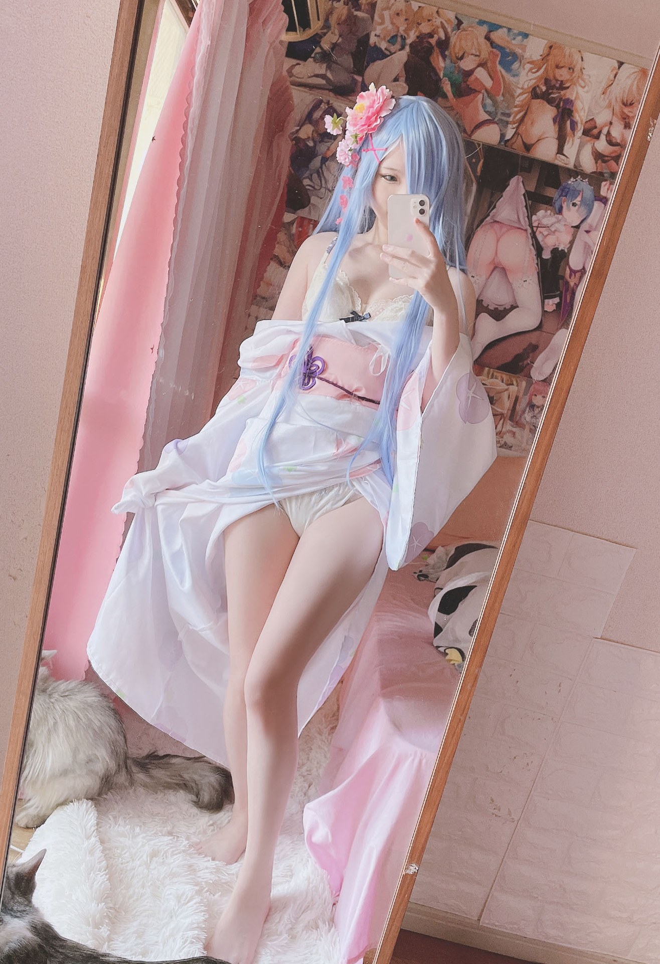 [cosplay] 习呆呆 - เรมุ ชุดกิโมโน: ลายจุดโทนชมพูขาวสไตล์วะฟุ ถอดแบบ 42P1V