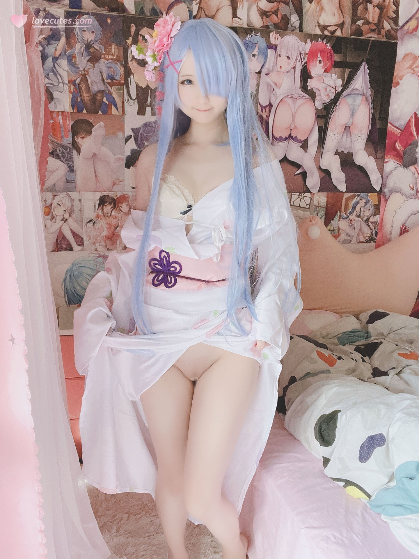 [cosplay] 习呆呆 - เรมุ ชุดกิโมโน: ลายจุดโทนชมพูขาวสไตล์วะฟุ ถอดแบบ 42P1V
