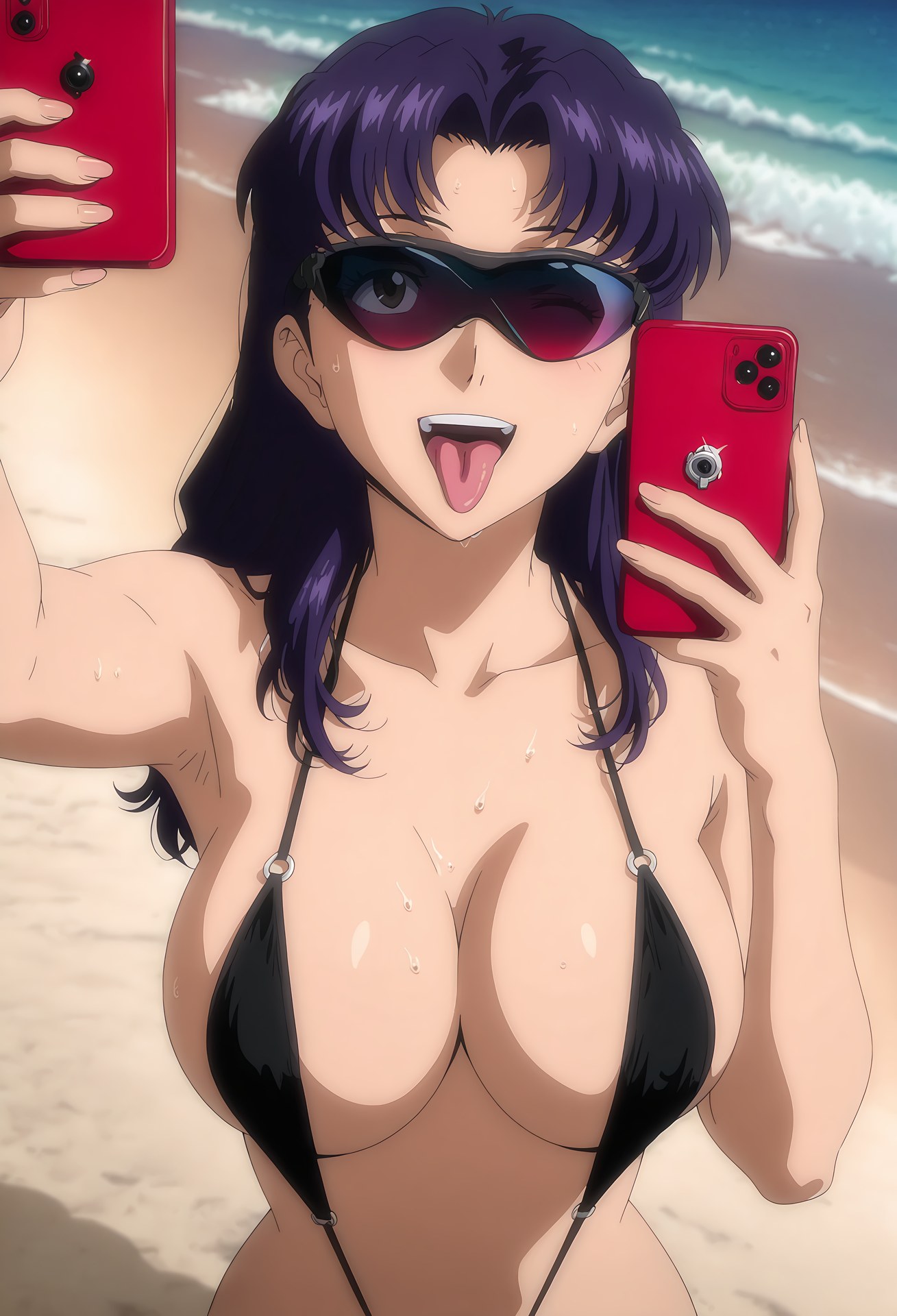 AI Generated Anime Girl - 新世紀福音戰士 葛城美里：蕾絲內衣泳裝沙灘露穴 102P