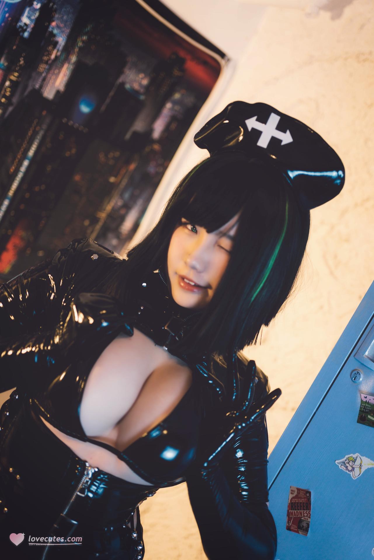 [私房] อาฮั่นวันนี้มีความสุขมาก - Dark Nurse: ชุดพยาบาลลาเท็กซ์สีดำ หน้าอกสวย ถุงน่องสีดำ 90P