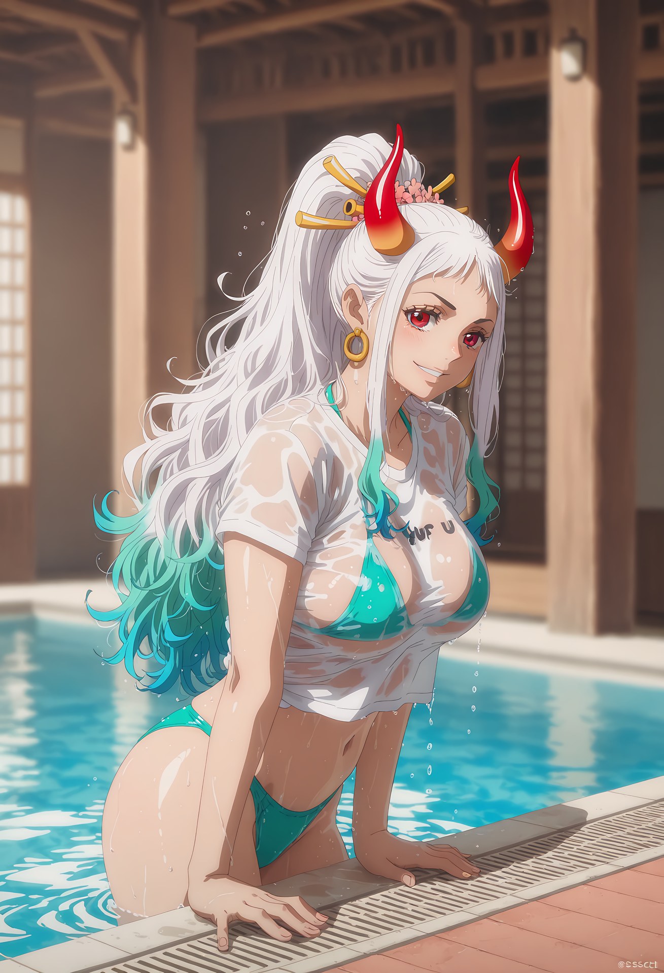 AI Generated Anime Girl - 海贼王 大和：泳装比基尼浴室露穴 95P