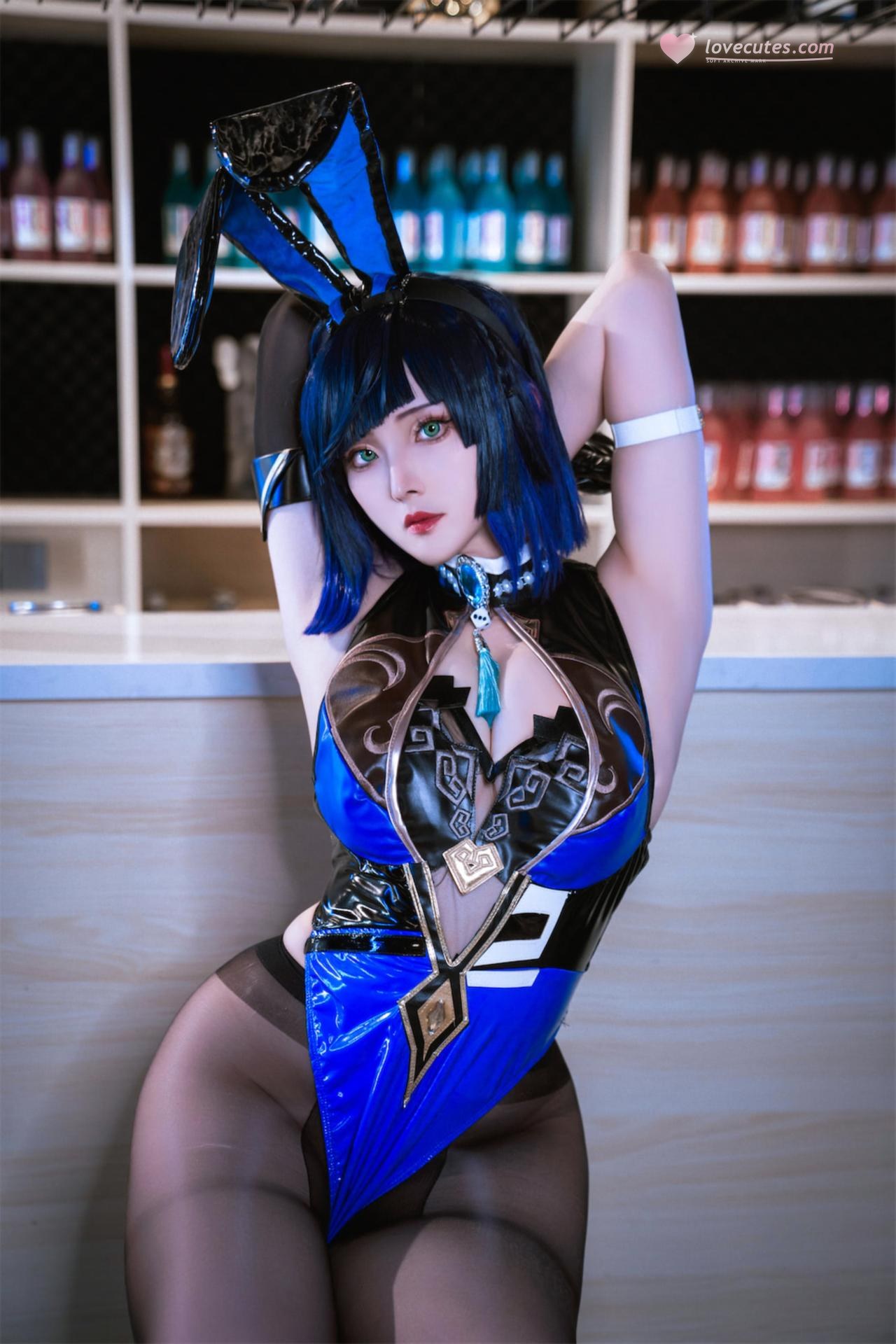 [cosplay] Natsuko夏夏子 - 原神夜蘭兔女郎：酒吧黑絲高衩大尺度還原 74P1V