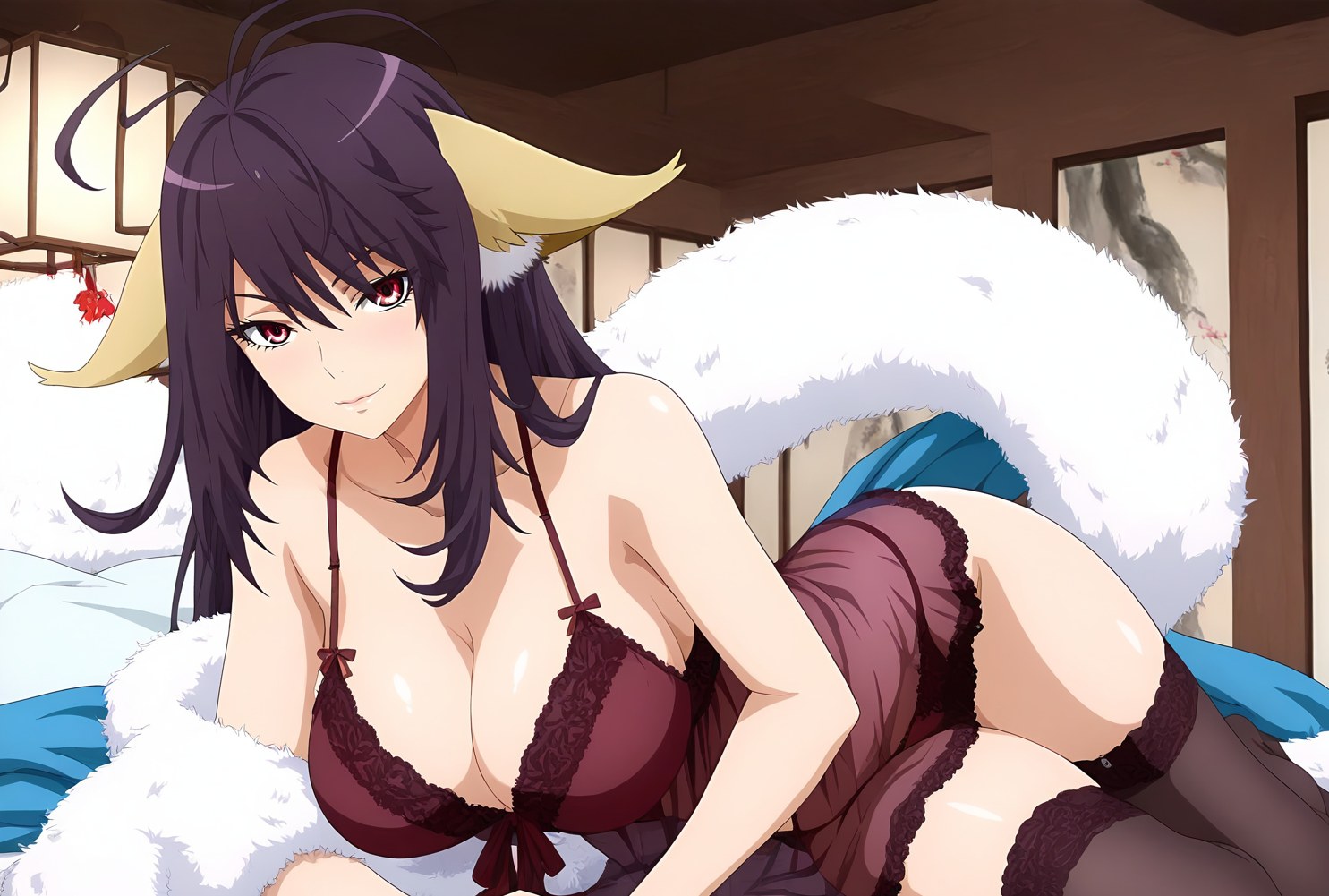 AI Generated Anime Girl - Tu Shan Yaya Vol.1: Black Stockings Bedroom Shot Revealing Intimate Area 128P