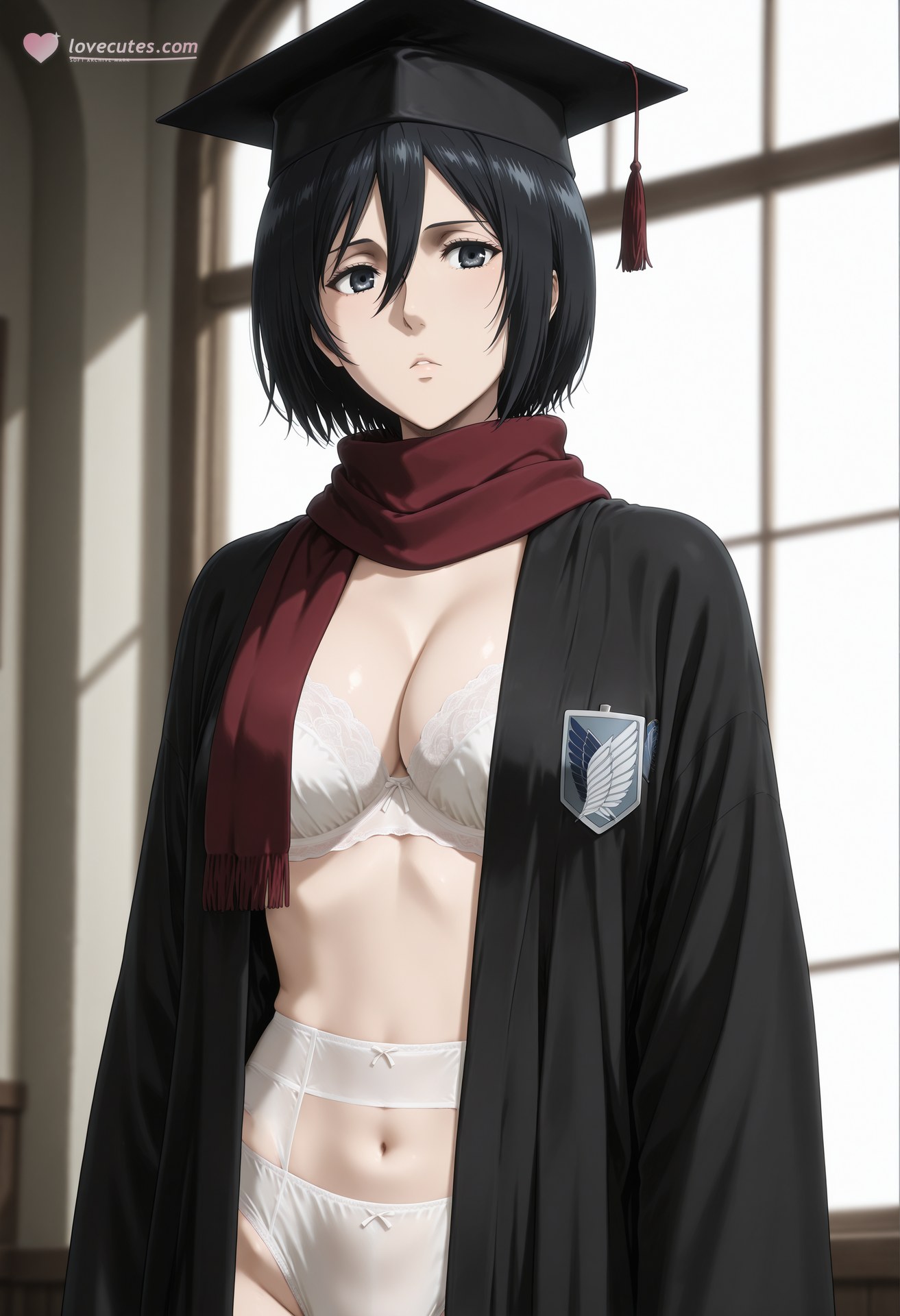 AI Generated Anime Girl - 进击的巨人 三笠·阿克曼：白丝蕾丝内衣浴室露点 124P