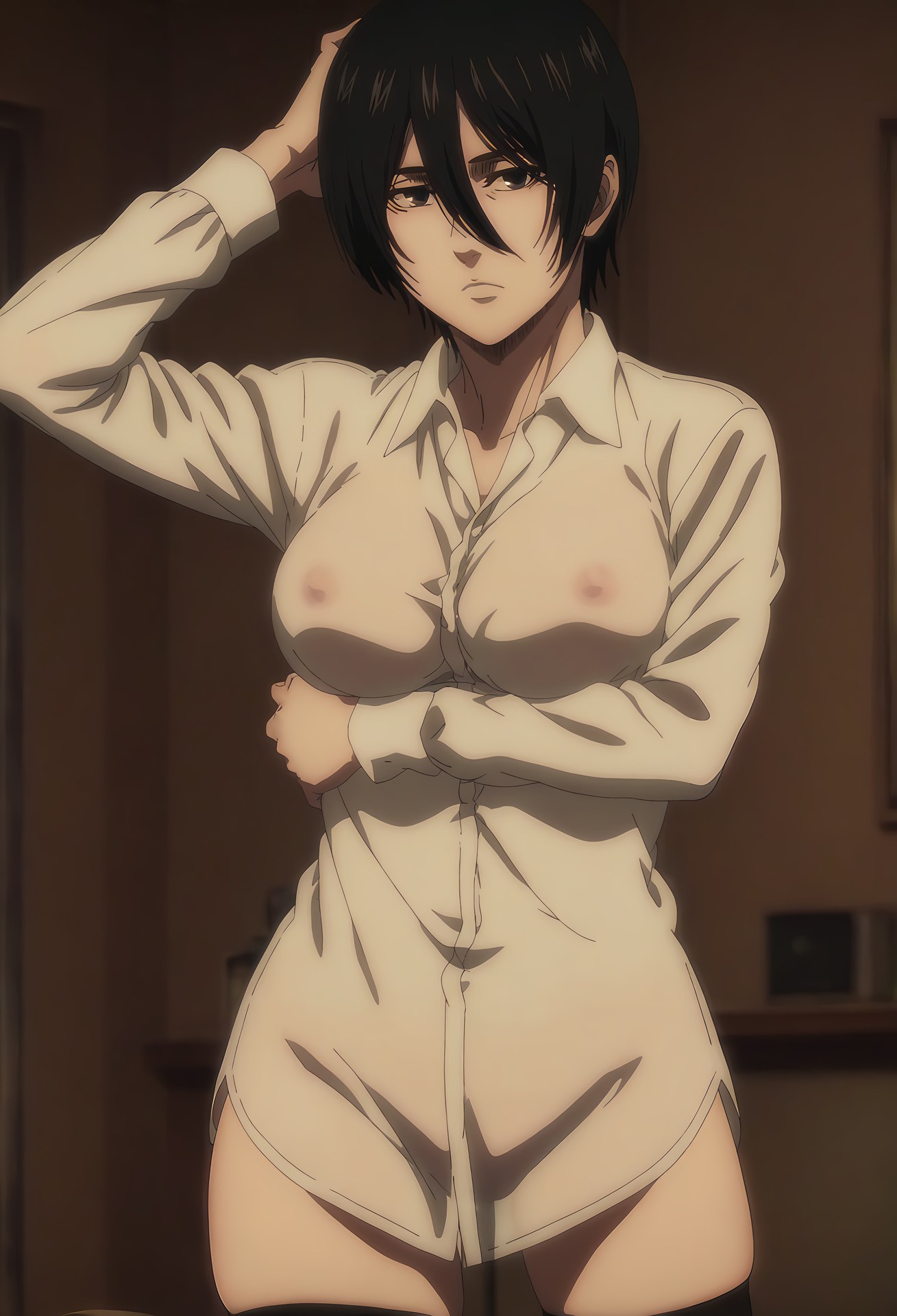 AI Generated Anime Girl - 進擊的巨人 三笠·阿克曼：白絲蕾絲內衣浴室露點 124P