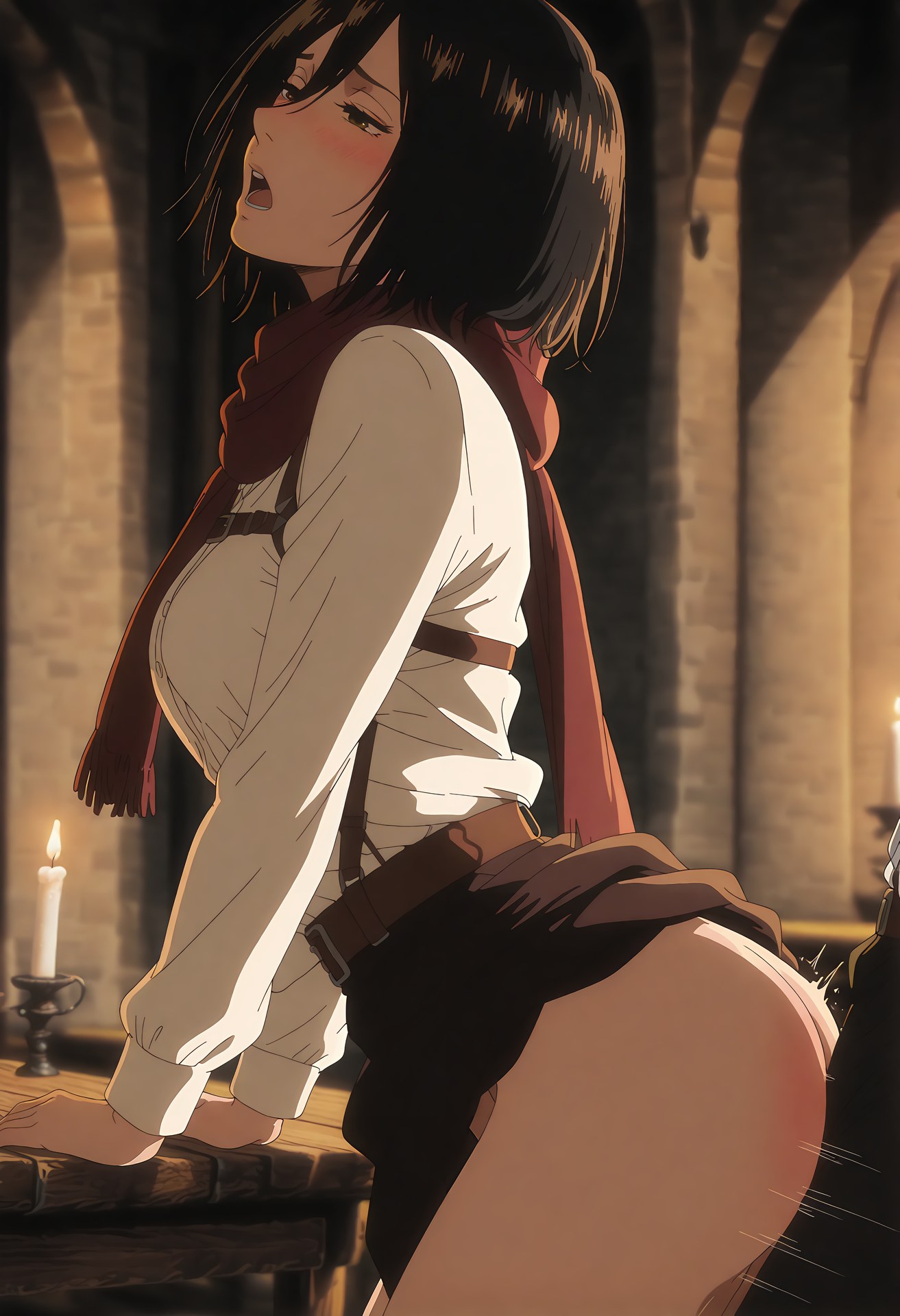 AI Generated Anime Girl - 进击的巨人 三笠·阿克曼：白丝蕾丝内衣浴室露点 124P