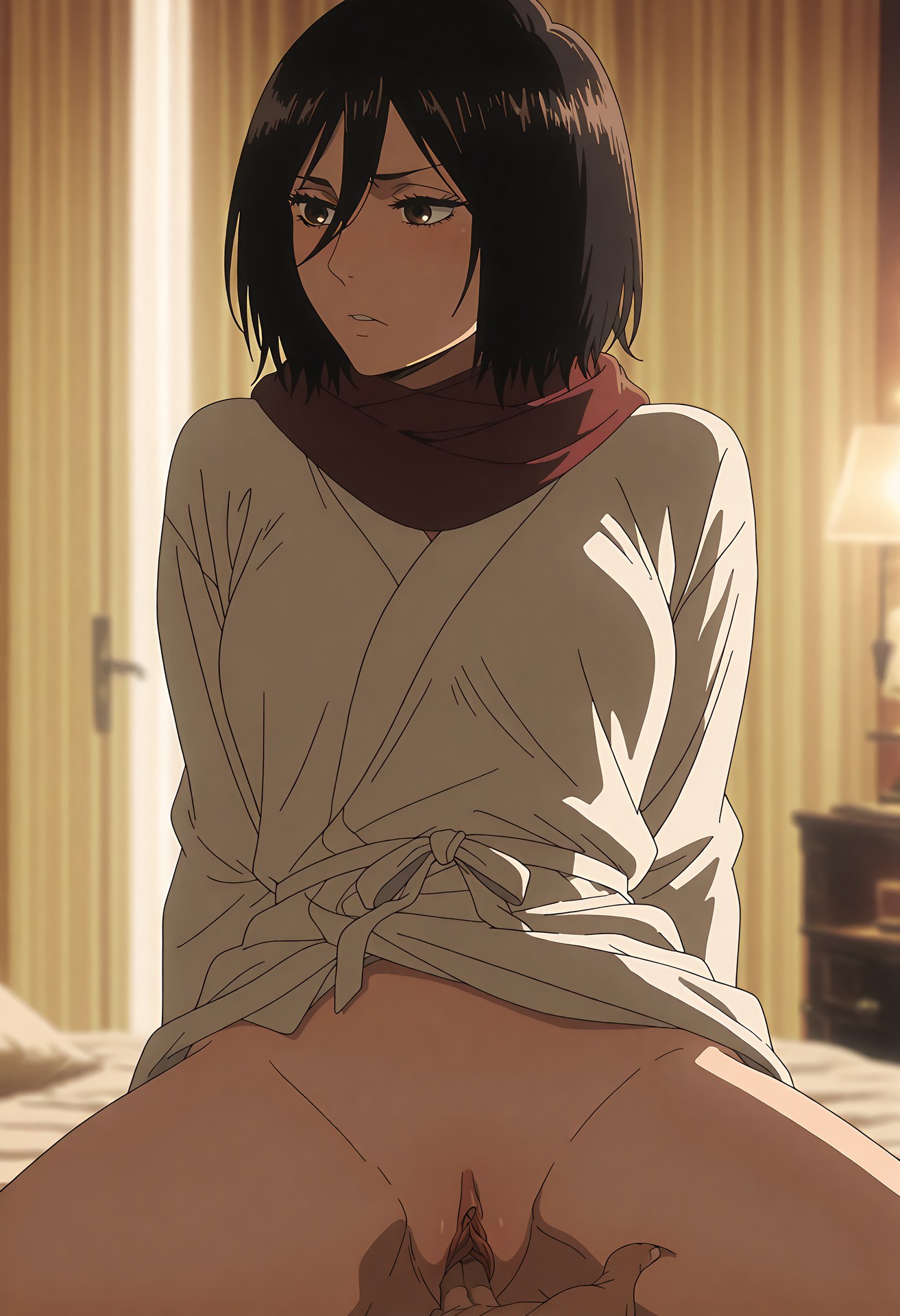 AI Generated Anime Girl - 进击的巨人 三笠·阿克曼：白丝蕾丝内衣浴室露点 124P