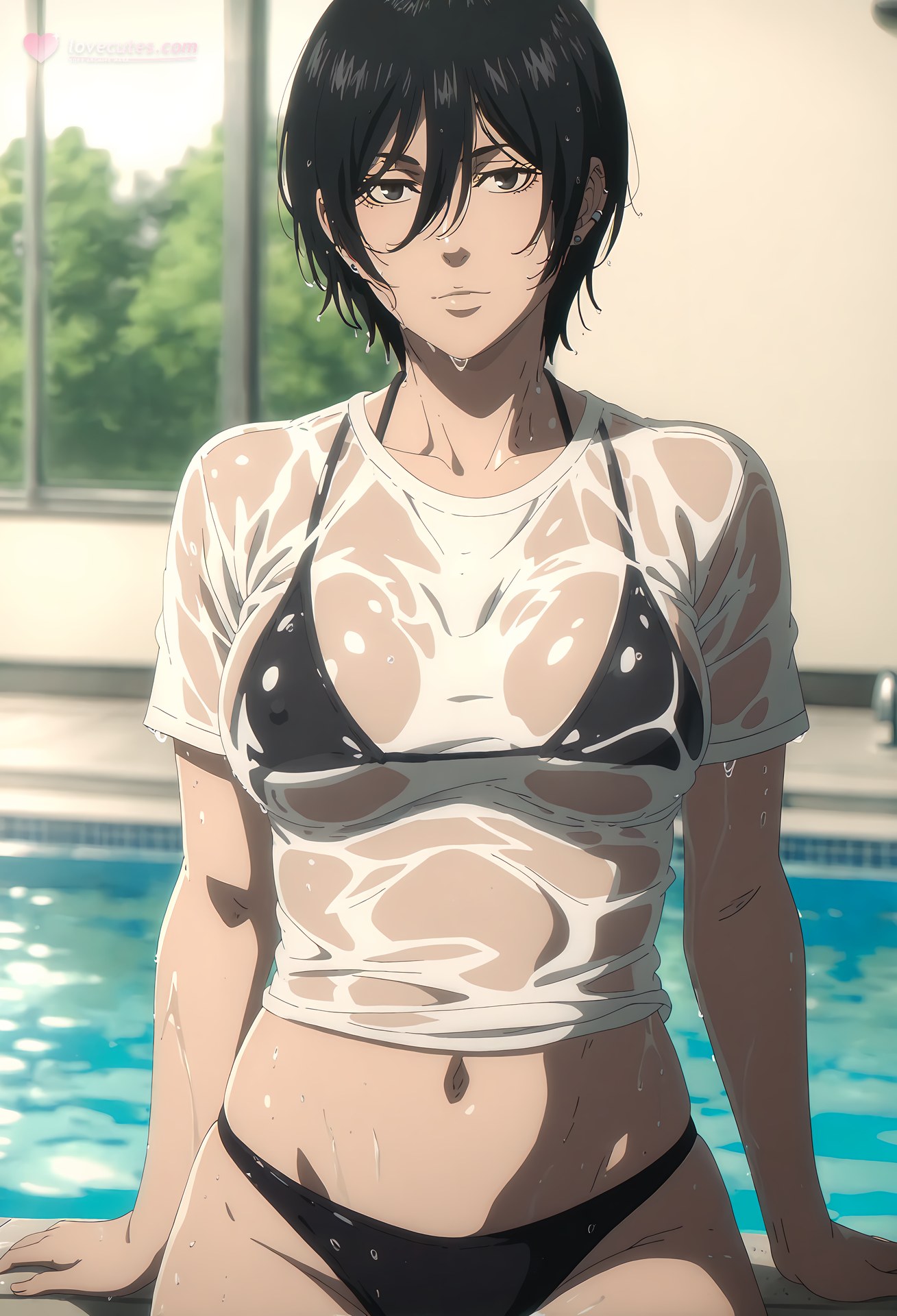 AI Generated Anime Girl - 진격의 거인 미카사 아커만: 흰 스타킹 레이스 속옷 욕실 노출 124P