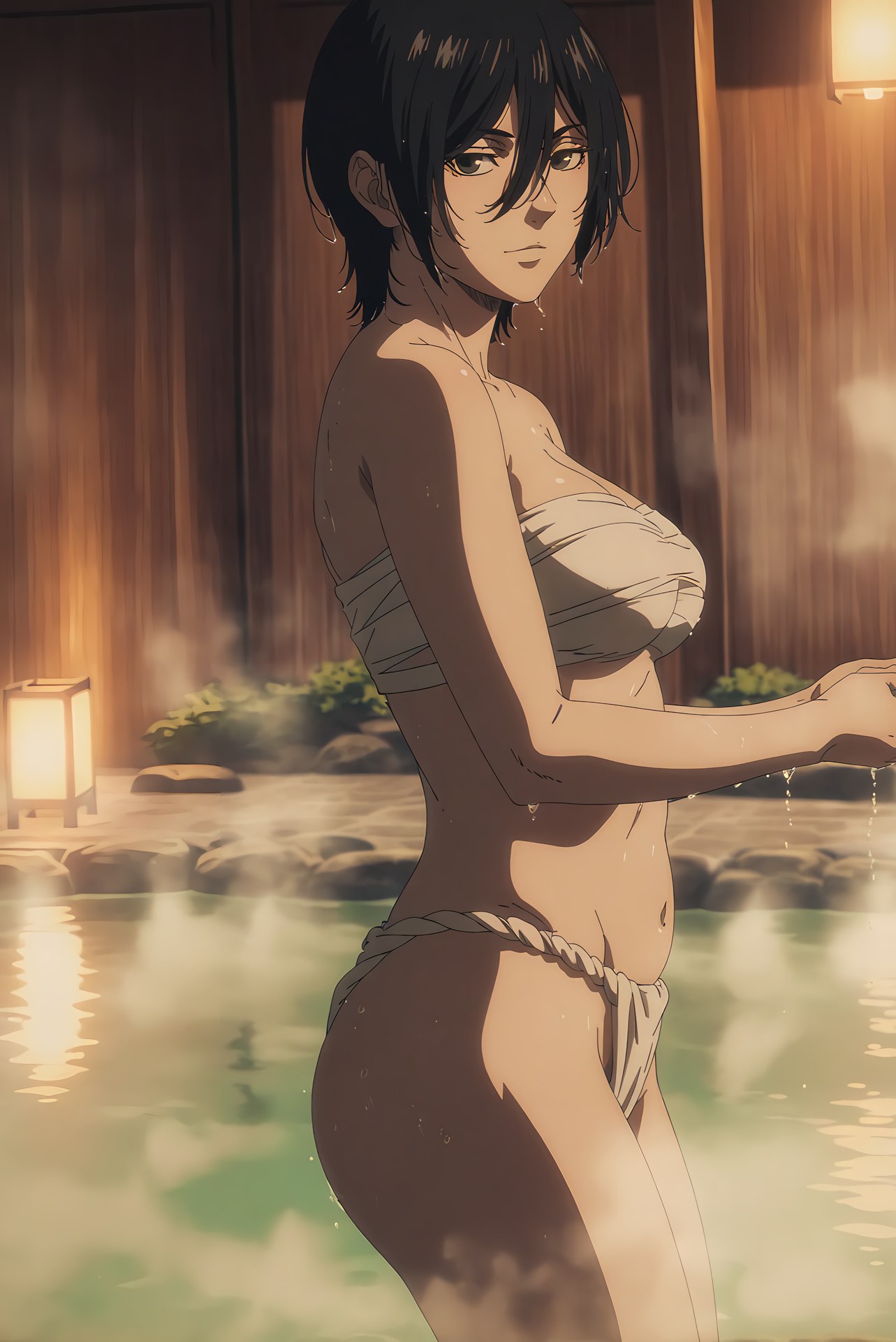 AI Generated Anime Girl - 진격의 거인 미카사 아커만: 흰 스타킹 레이스 속옷 욕실 노출 124P