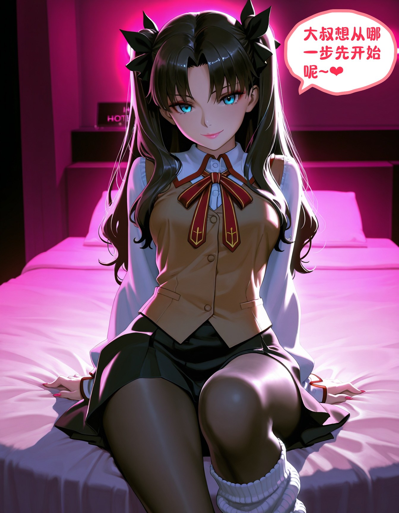 AI Generated Anime Girl - Rin Tohsaka's Money-Making Days: School Uniform Bed Shoot with Exposed Hole 210P
