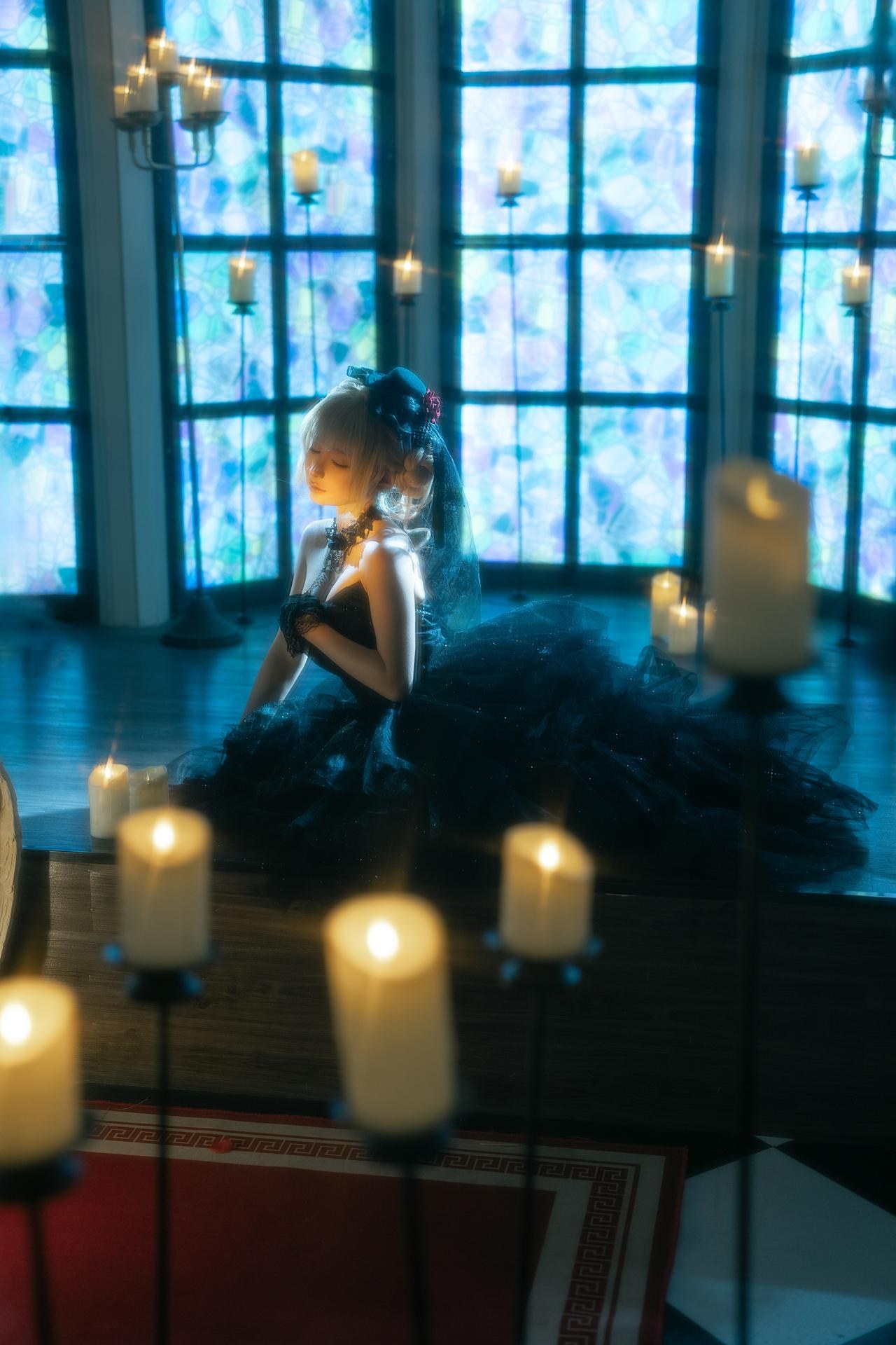 [私房] 蠢沫沫 - ชุดแต่งงานสีดำ: ชุดแต่งงานสีดำใต้แสงเทียน ถุงน่องสีดำ ลูกไม้ 37P1V