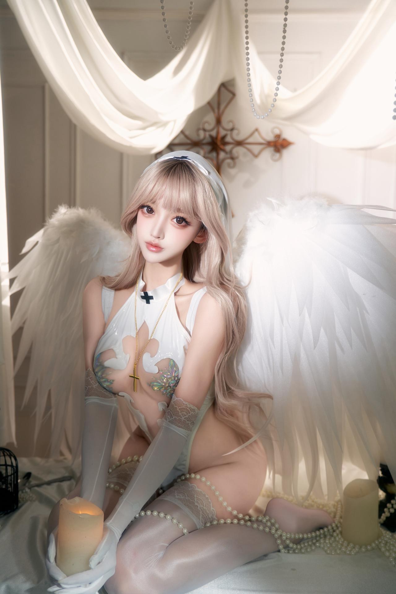 [写真] 过期米线线喵 - ไปกับเทพเจ้า: ธีมความศักดิ์สิทธิ์ชุดกระโปรงผ้าชีฟองขาวดำ 私房 53P