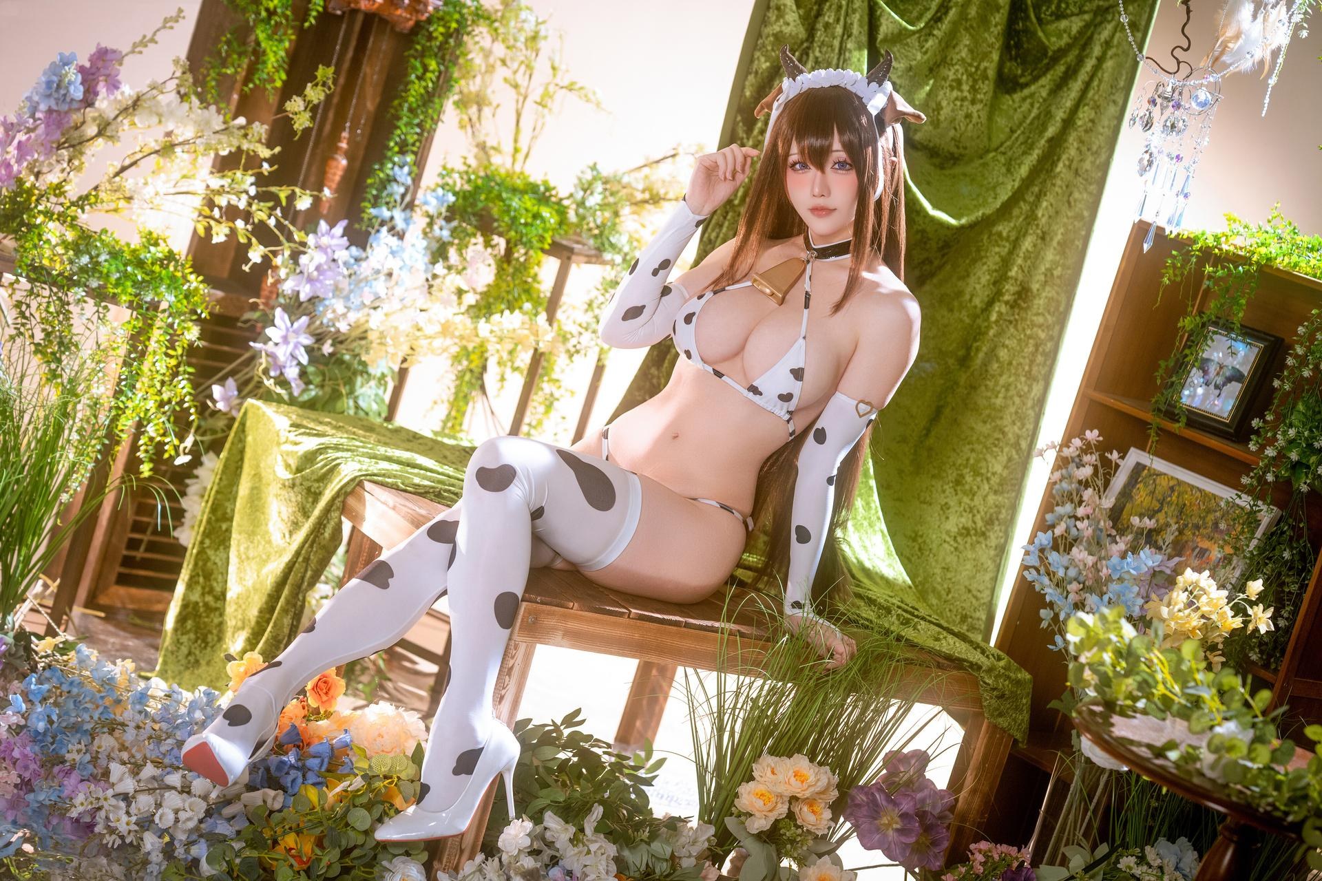 [cosplay] 星之迟迟Hoshilily - 碧蓝航线 樫野：บิกินีลายวัวหน้าอกใหญ่สไตล์ต้นฉบับ 59P