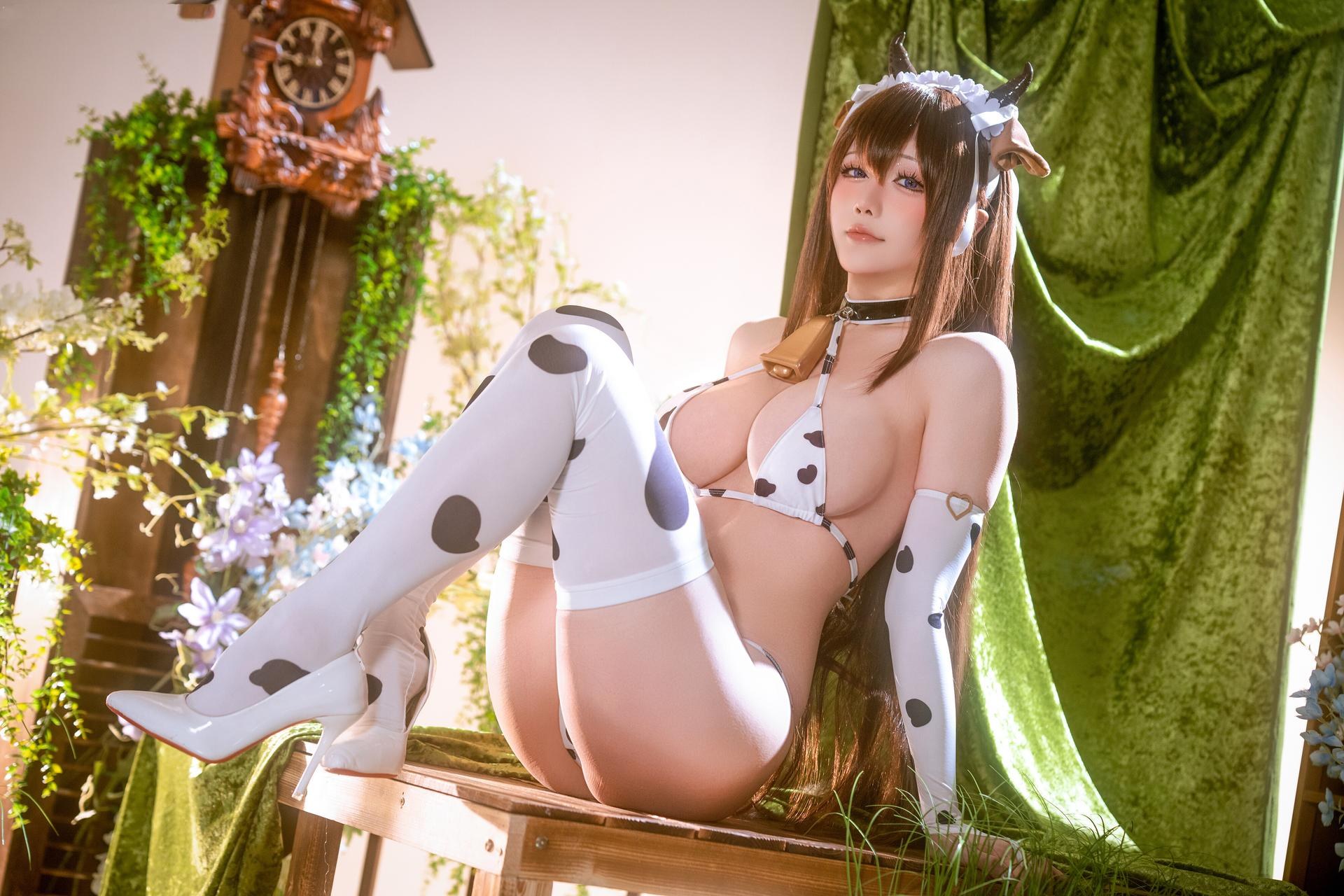 [cosplay] 星之迟迟Hoshilily - 碧蓝航线 樫野：บิกินีลายวัวหน้าอกใหญ่สไตล์ต้นฉบับ 59P