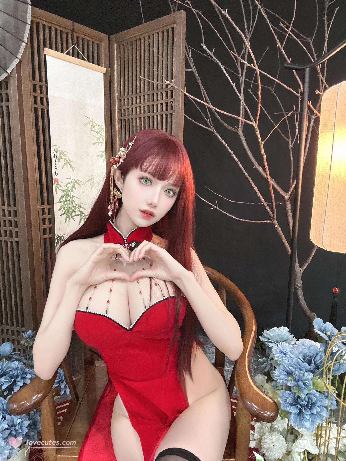 [写真] Shika小鹿鹿 - NO.136 Áo sườn xám đỏ Tết: chụp studio Tết Nguyên Đán 30P