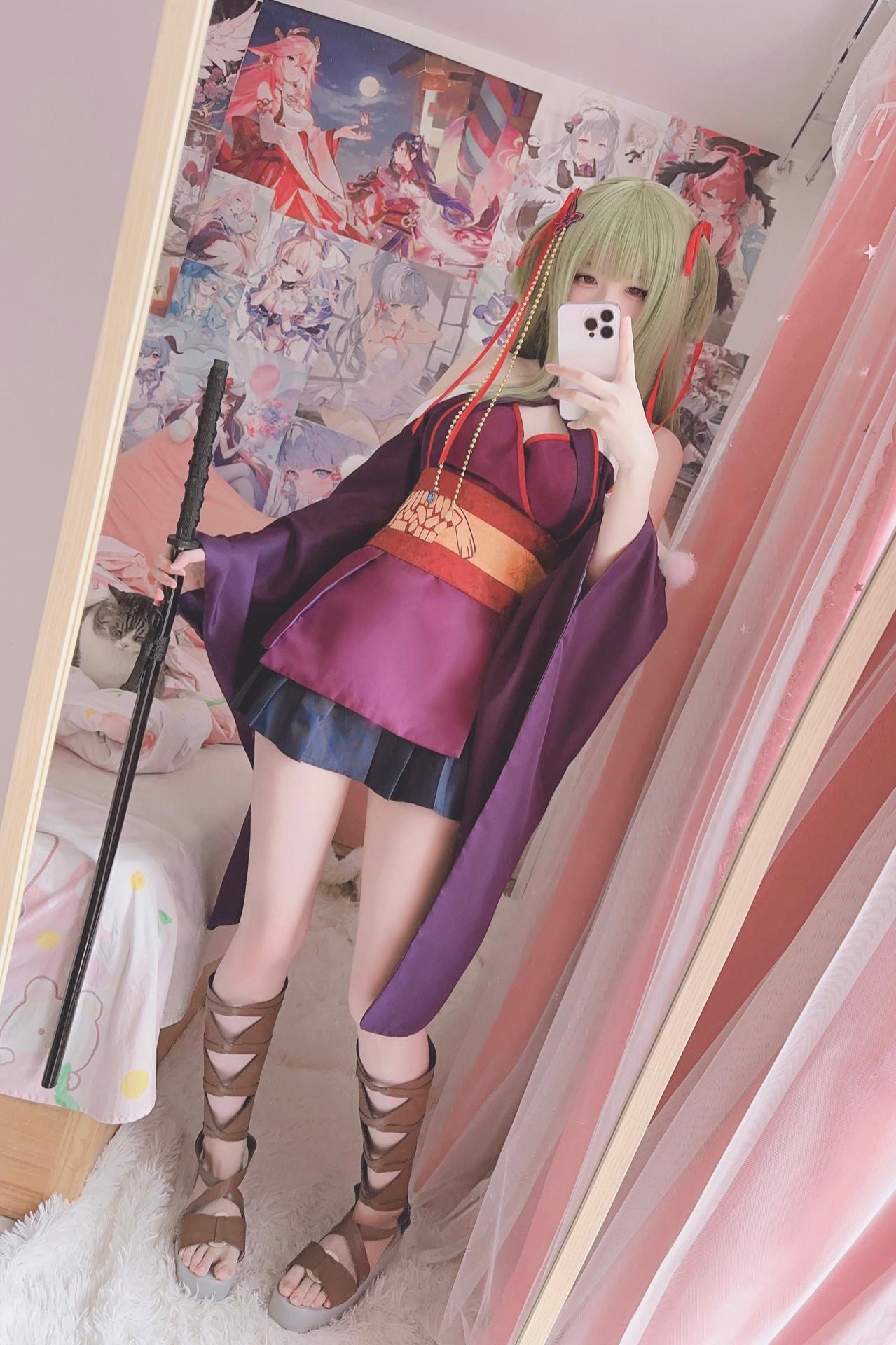 [cosplay] 呆呆Misa - 千恋万花 丛雨：ผมขาว ชุดกิโมโน มิโกะ ถุงน่องสีขาว ขาเรียวสวย 17P2V