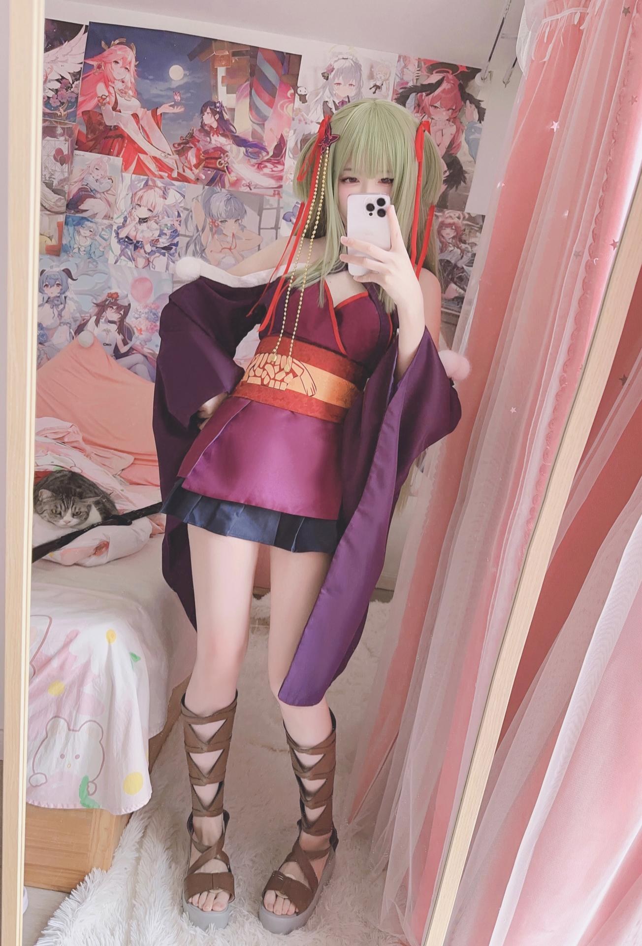 [cosplay] 呆呆Misa - 千恋万花 丛雨：ผมขาว ชุดกิโมโน มิโกะ ถุงน่องสีขาว ขาเรียวสวย 17P2V