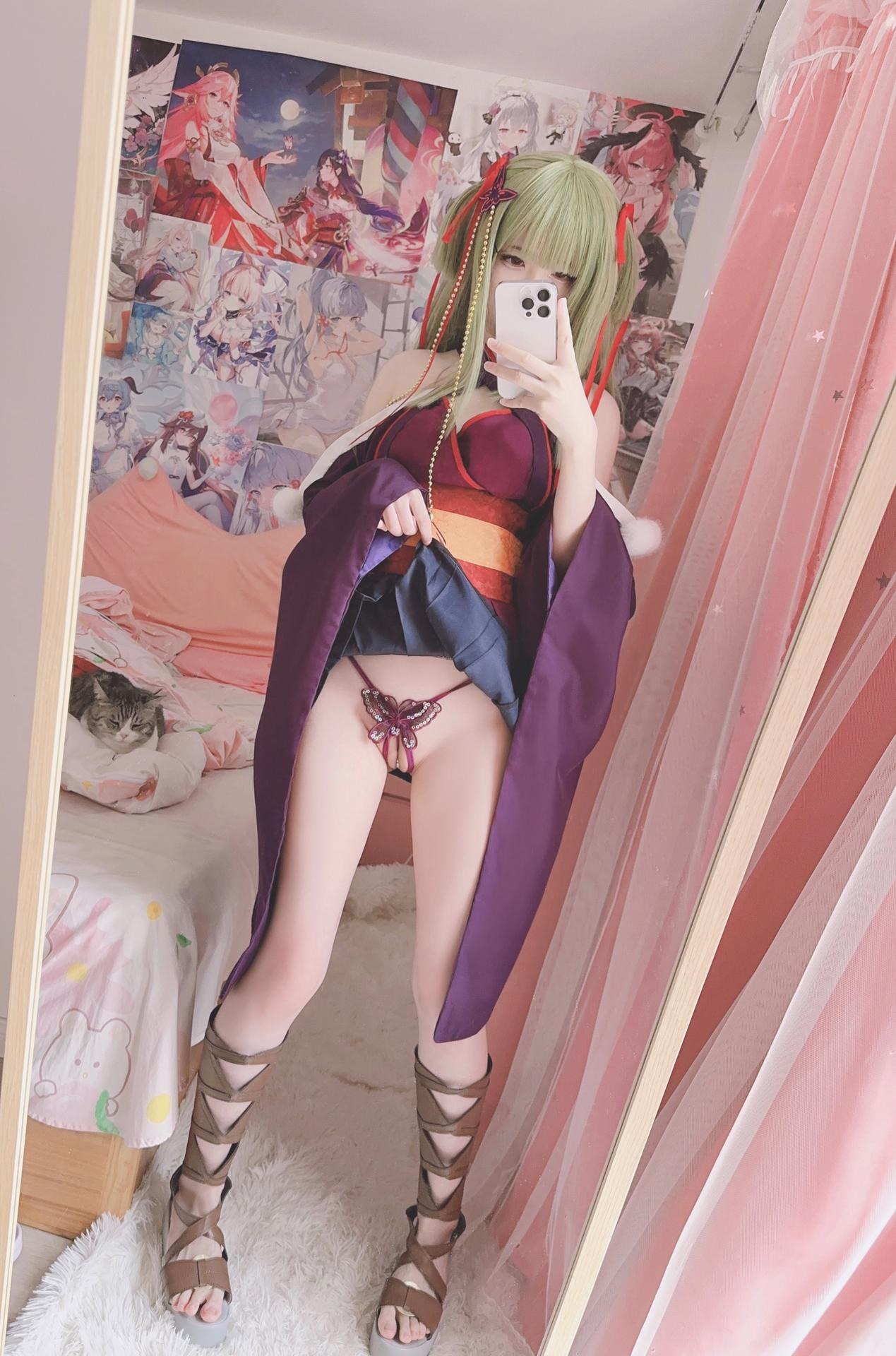 [cosplay] 呆呆Misa - 千恋万花 丛雨：ผมขาว ชุดกิโมโน มิโกะ ถุงน่องสีขาว ขาเรียวสวย 17P2V