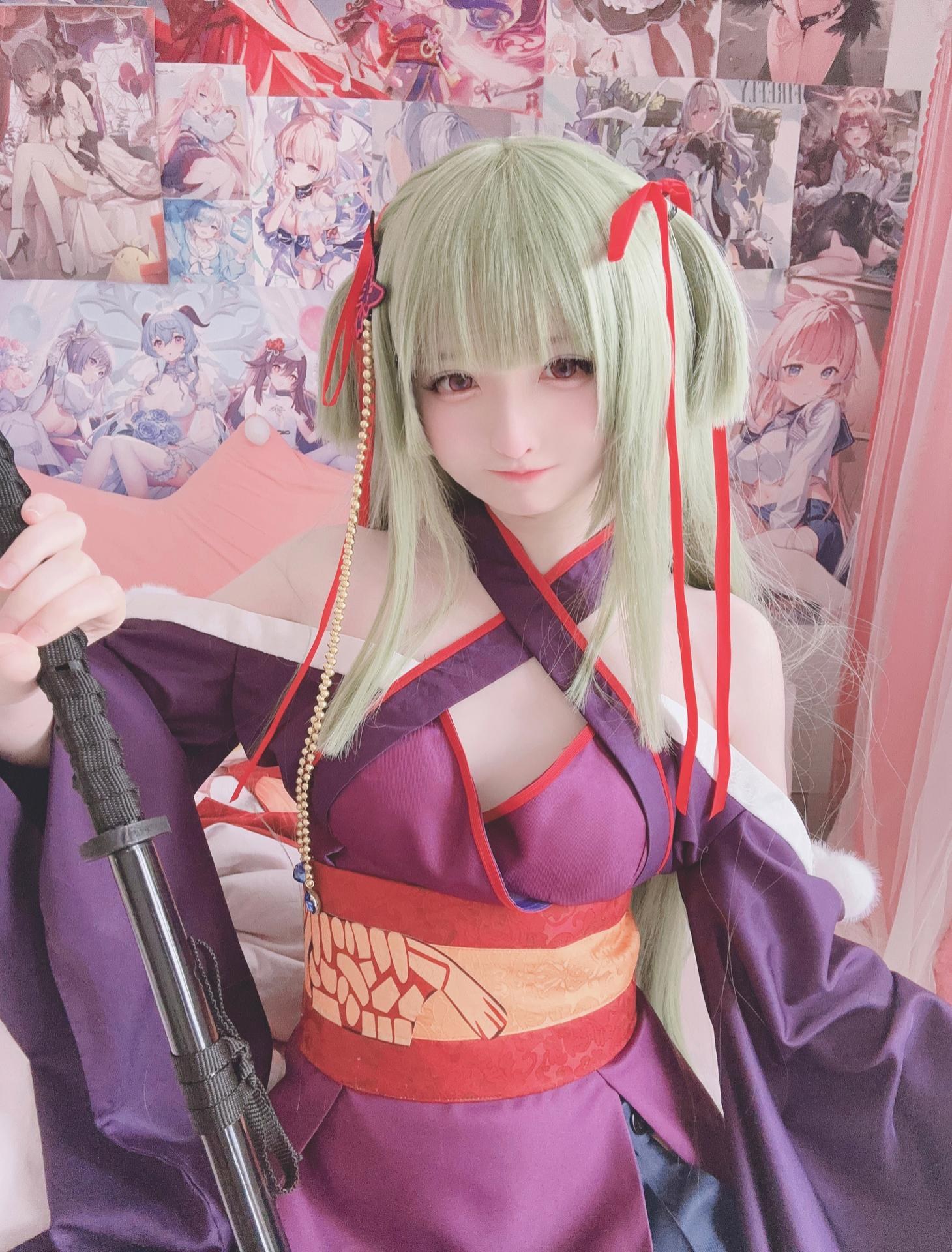 [cosplay] 呆呆Misa - 千恋万花 丛雨：ผมขาว ชุดกิโมโน มิโกะ ถุงน่องสีขาว ขาเรียวสวย 17P2V