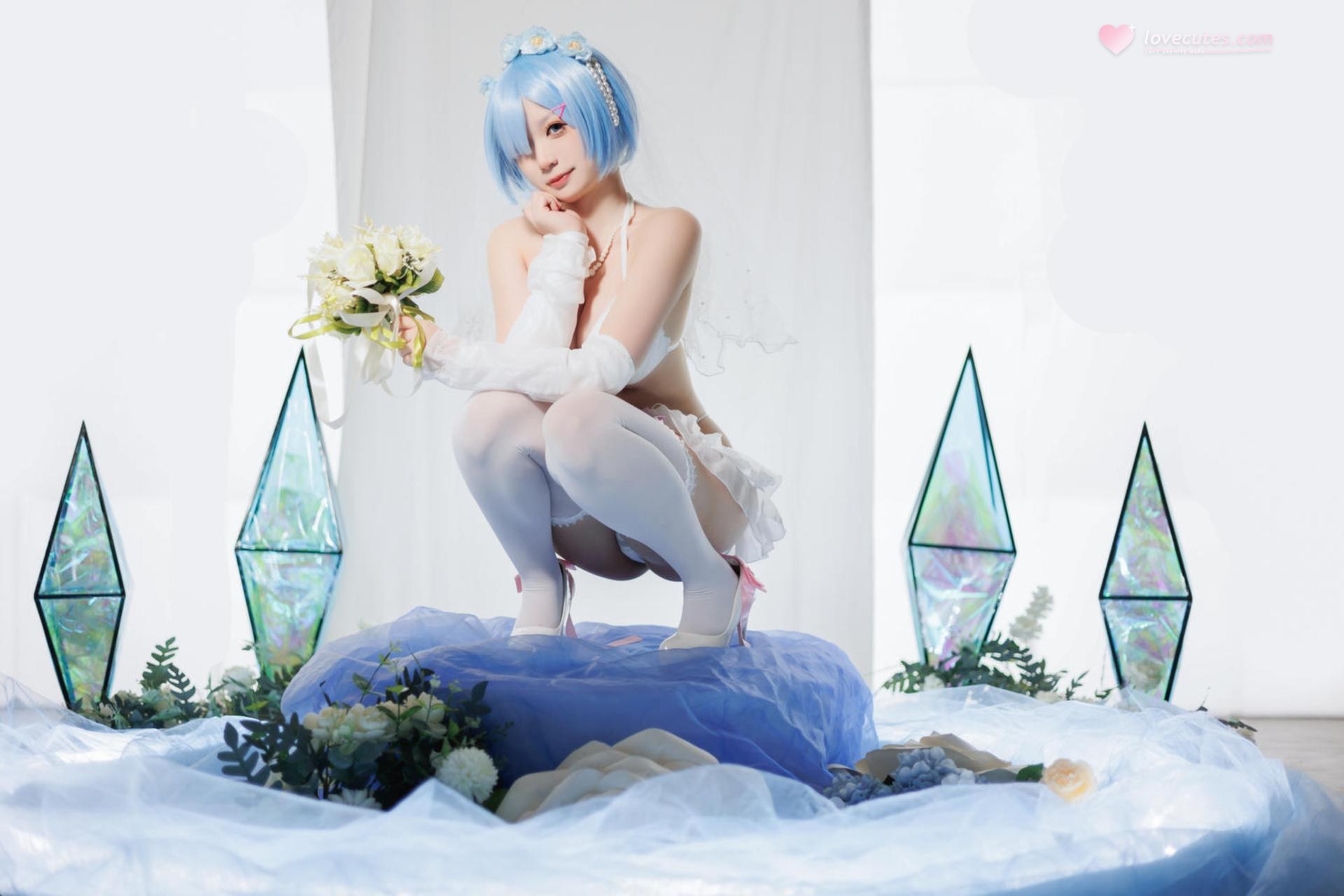 [cosplay] 樱落酱w - เร็มชุดเจ้าสาว: ผมสีน้ำเงิน ชุดแต่งงานสีขาว ถุงน่องขาว ขาเรียว 25P
