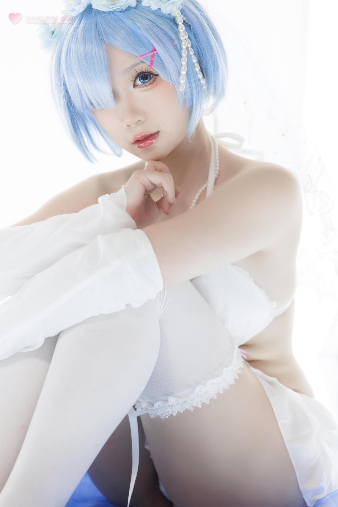 [cosplay] 樱落酱w - เร็มชุดเจ้าสาว: ผมสีน้ำเงิน ชุดแต่งงานสีขาว ถุงน่องขาว ขาเรียว 25P