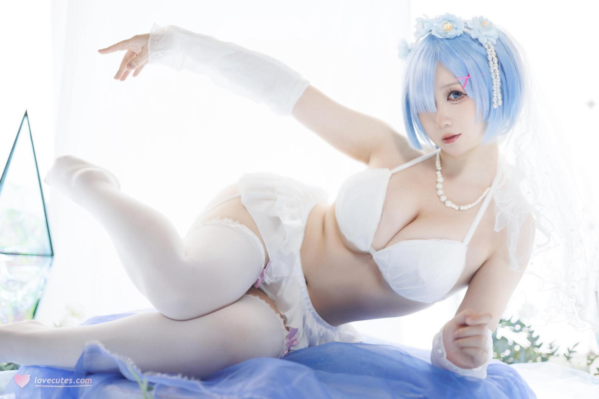 [cosplay] 樱落酱w - เร็มชุดเจ้าสาว: ผมสีน้ำเงิน ชุดแต่งงานสีขาว ถุงน่องขาว ขาเรียว 25P