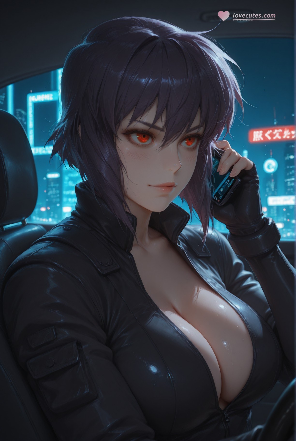 AI Generated Anime Girl - 攻壳机动队 草薙素子：黑색 스타킹 레이스 속옷 타이트 슈트 젖은 몸 노출 333P