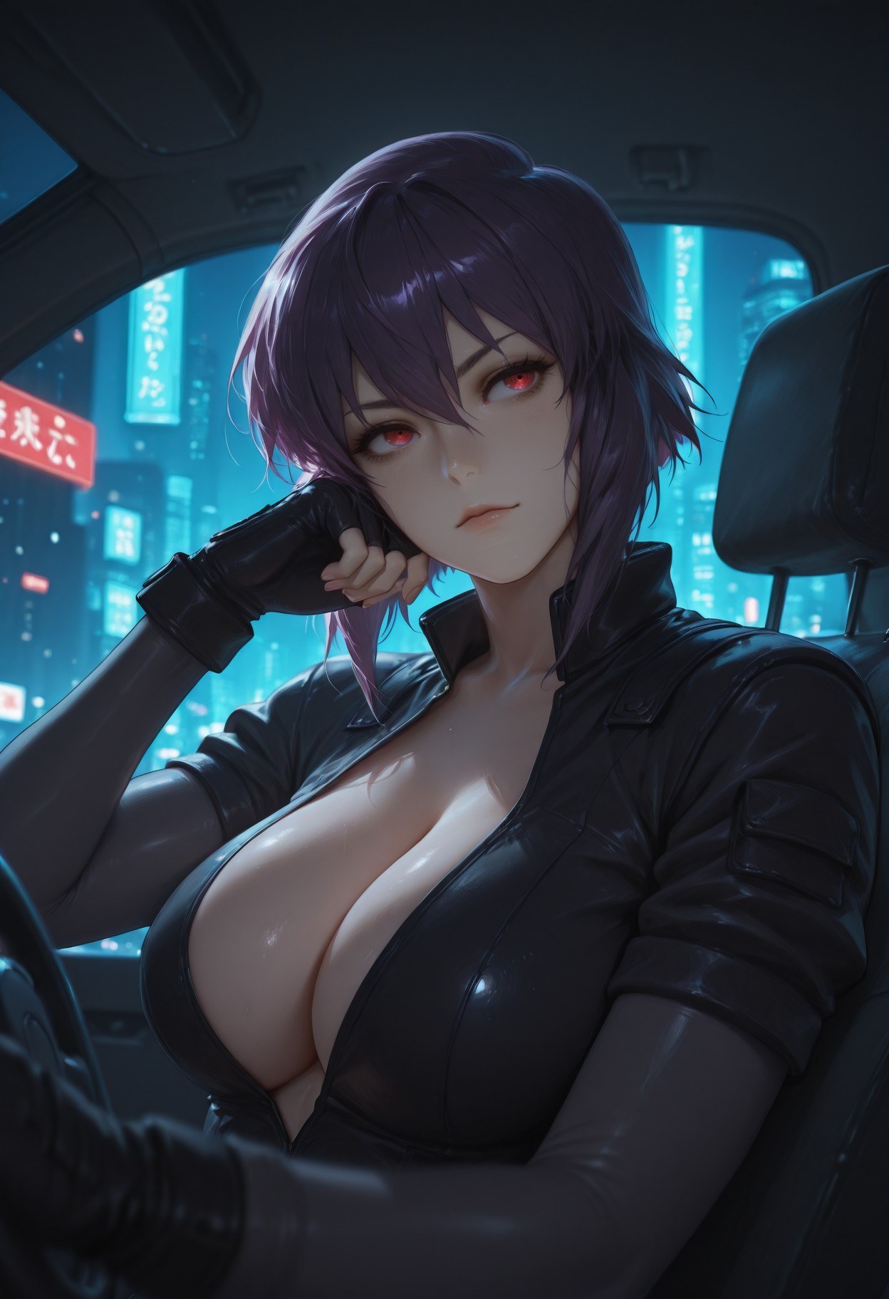 AI Generated Anime Girl - Ghost in the Shell Motoko Kusanagi: black stockings, lace lingerie, bodysuit, wet look, exposed pussy 333P