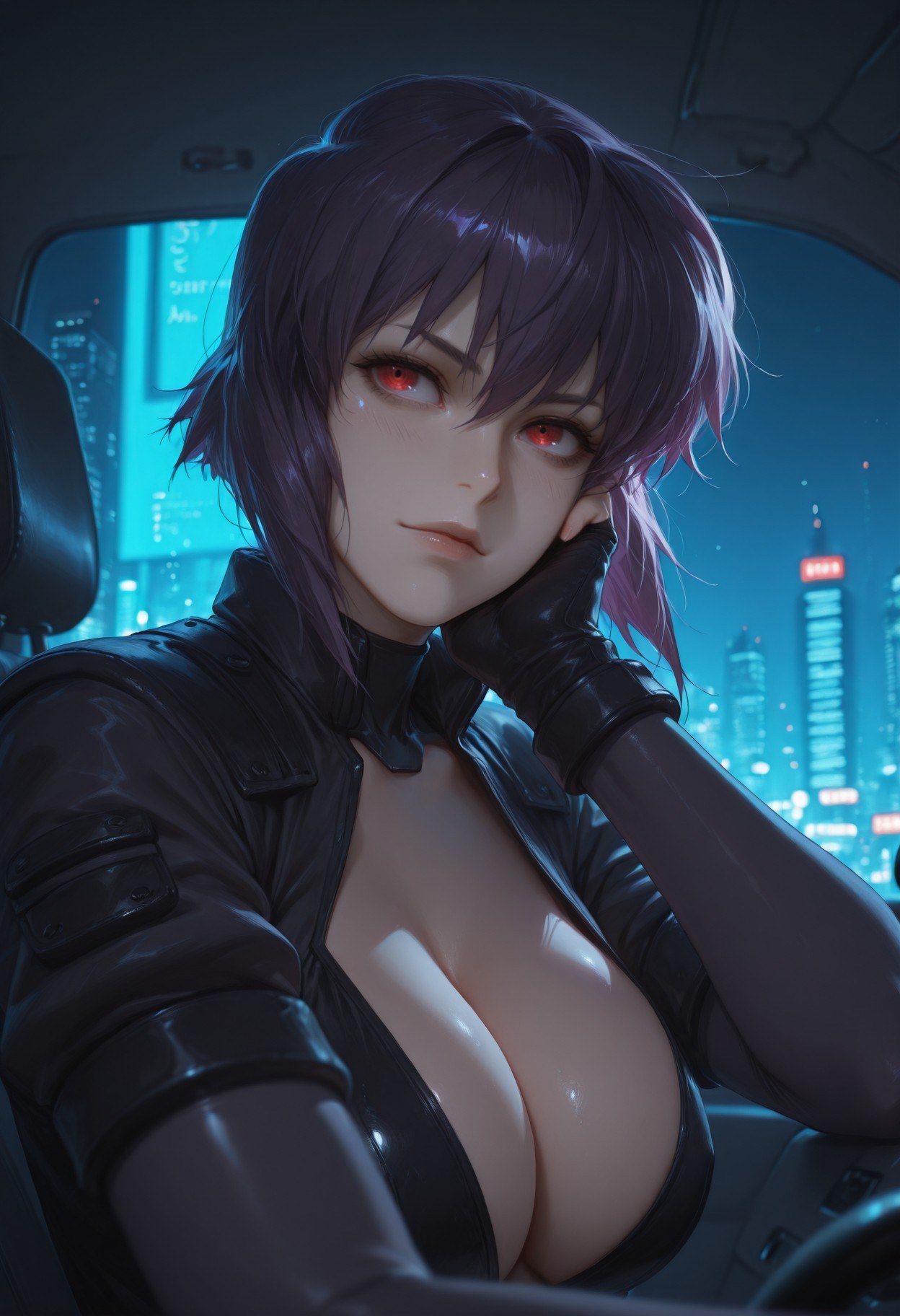 AI Generated Anime Girl - Ghost in the Shell Motoko Kusanagi: black stockings, lace lingerie, bodysuit, wet look, exposed pussy 333P