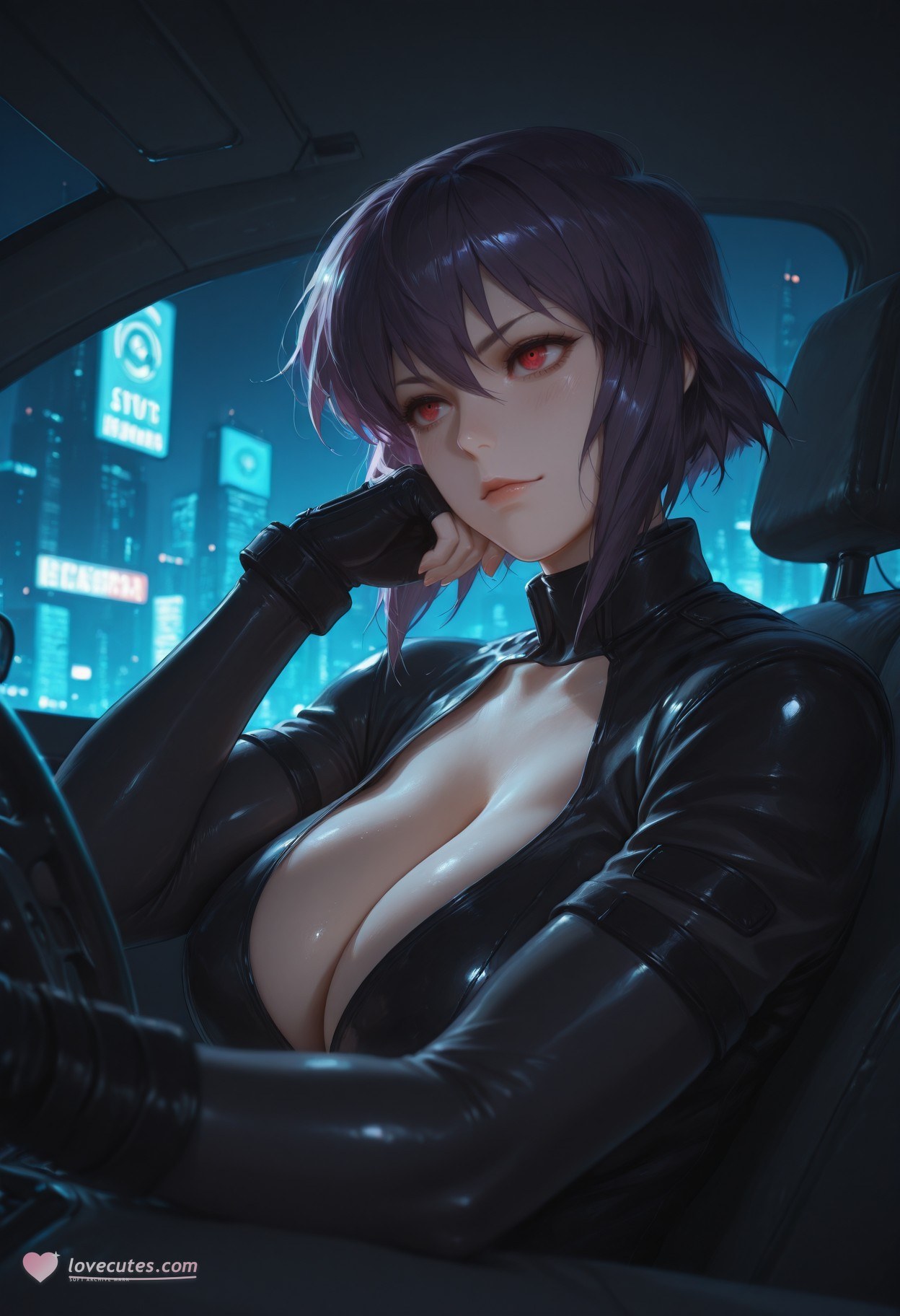 AI Generated Anime Girl - Ghost in the Shell Motoko Kusanagi: black stockings, lace lingerie, bodysuit, wet look, exposed pussy 333P
