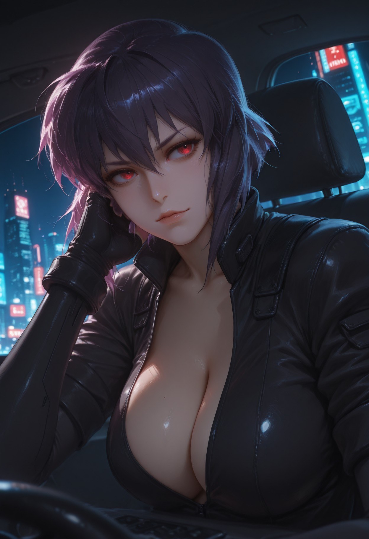 AI Generated Anime Girl - Ghost in the Shell Motoko Kusanagi: black stockings, lace lingerie, bodysuit, wet look, exposed pussy 333P