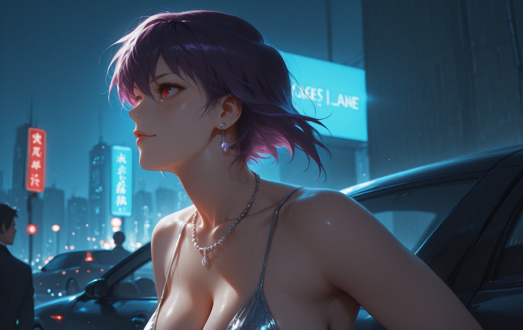 AI Generated Anime Girl - Ghost in the Shell Motoko Kusanagi: black stockings, lace lingerie, bodysuit, wet look, exposed pussy 333P