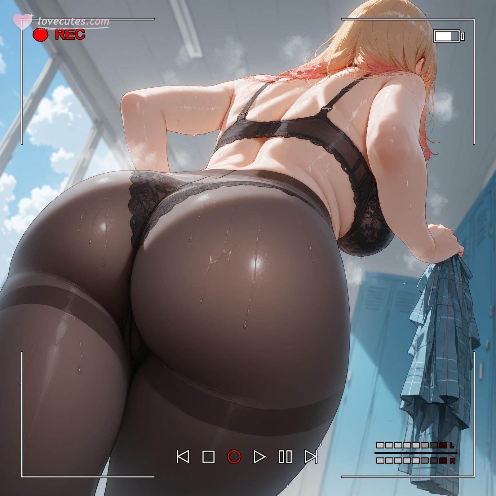 AI Generated Anime Girl - 그 비스크 돌은 사랑을 한다 키타가와 마린：검은 스타킹 레이스 란제리 타이츠 학생복 젖은 노출 155P