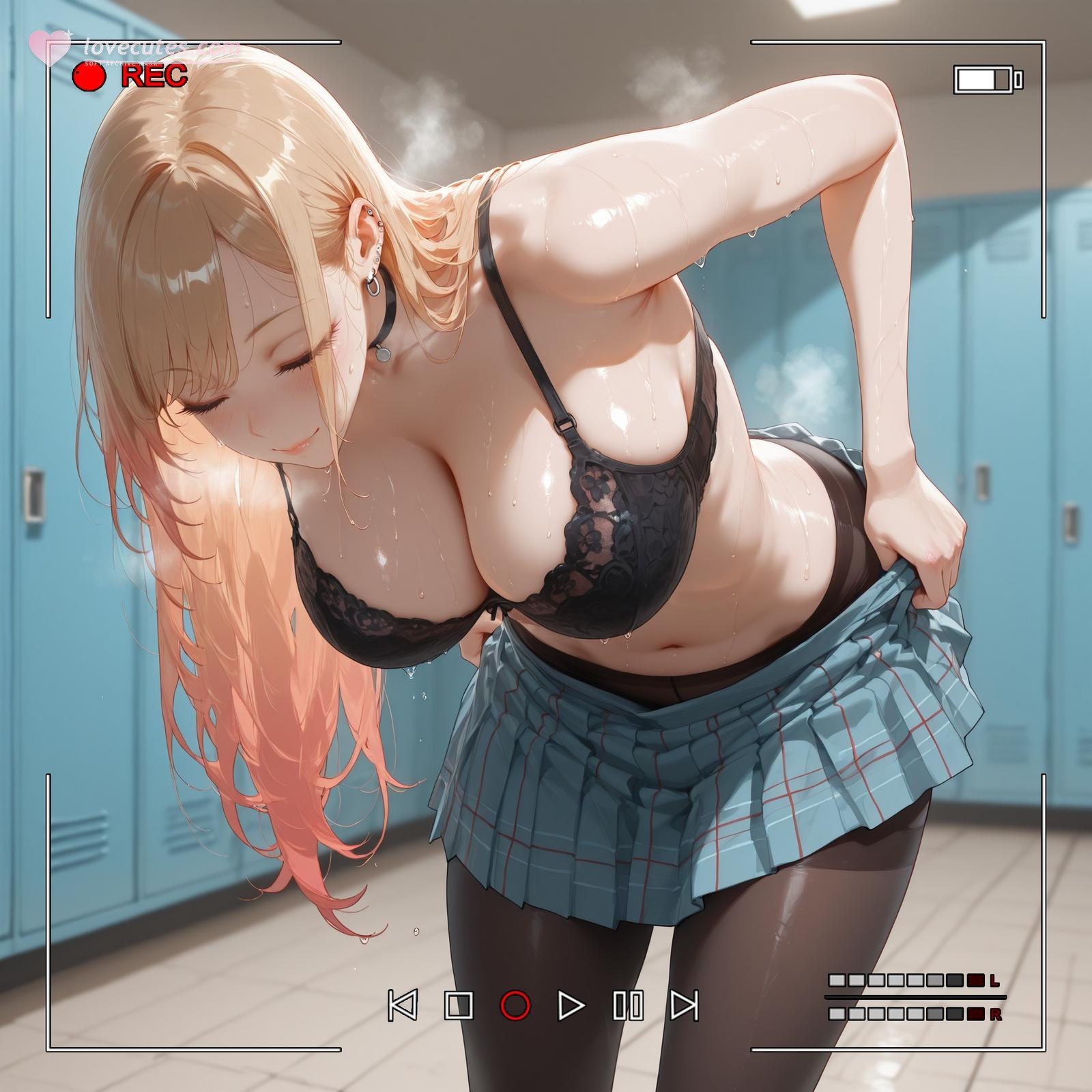 AI Generated Anime Girl - 그 비스크 돌은 사랑을 한다 키타가와 마린：검은 스타킹 레이스 란제리 타이츠 학생복 젖은 노출 155P