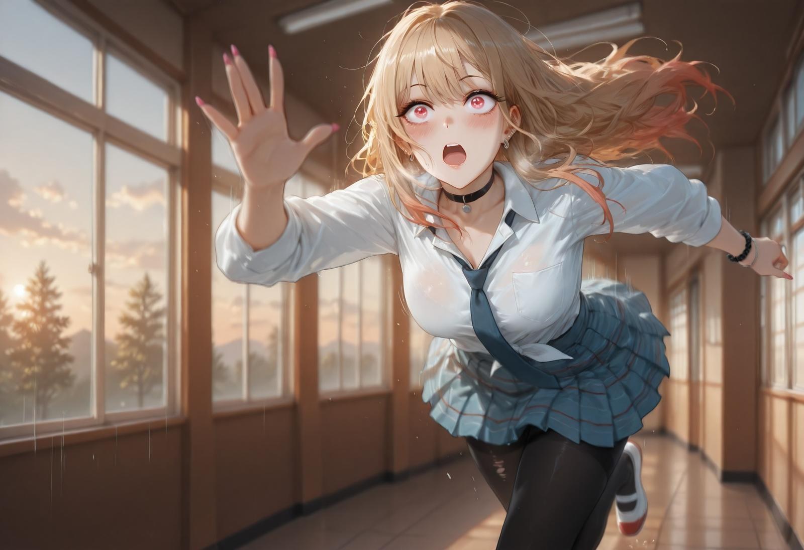 AI Generated Anime Girl - My Dress-Up Darling Kitagawa Marin: Black Stockings, Lace Lingerie, Bodysuit, School Uniform, Wet, Exposed Vagina 155P
