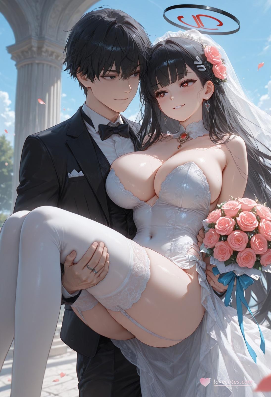 AI Generated Anime Girl - 碧蓝档案 调月莉音 Vol.3：검은 스타킹, 레이스 속옷, 타이트한 의상, 젖은 몸, 노출 163P