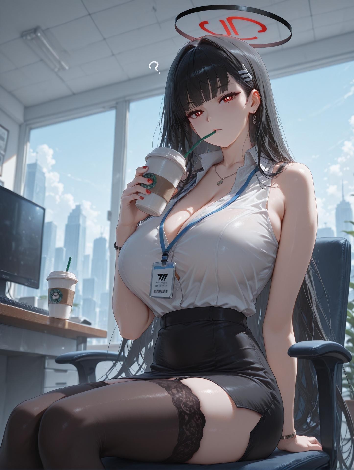 AI Generated Anime Girl - 碧蓝档案 调月莉音 Vol.3：검은 스타킹, 레이스 속옷, 타이트한 의상, 젖은 몸, 노출 163P