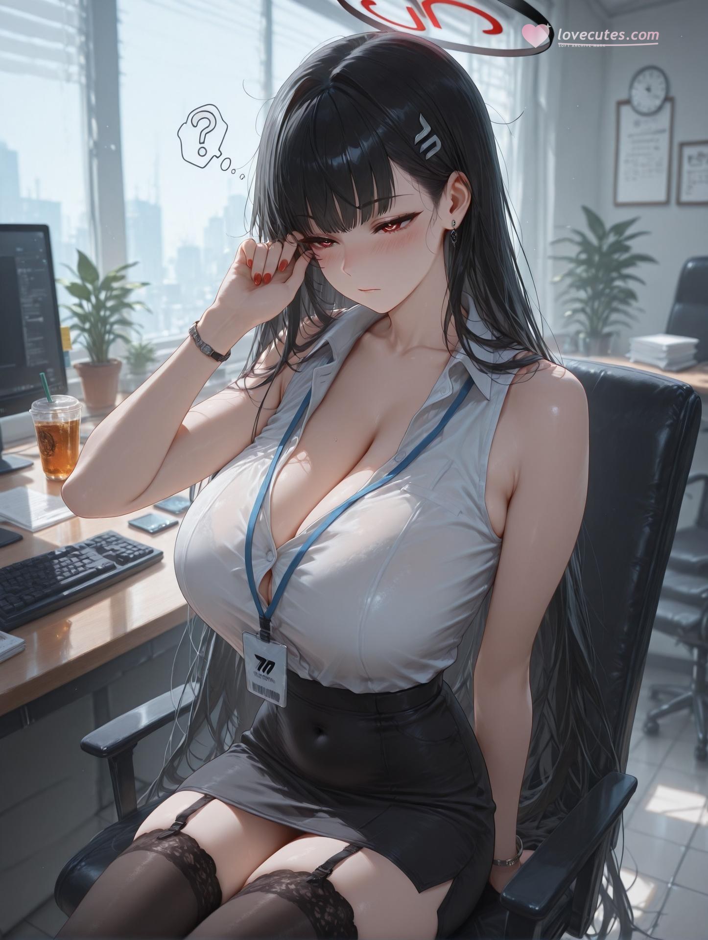 AI Generated Anime Girl - 碧蓝档案 调月莉音 Vol.3：검은 스타킹, 레이스 속옷, 타이트한 의상, 젖은 몸, 노출 163P