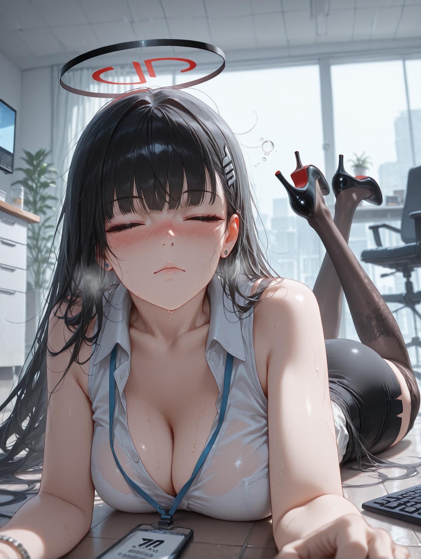 AI Generated Anime Girl - 碧蓝档案 调月莉音 Vol.3：검은 스타킹, 레이스 속옷, 타이트한 의상, 젖은 몸, 노출 163P