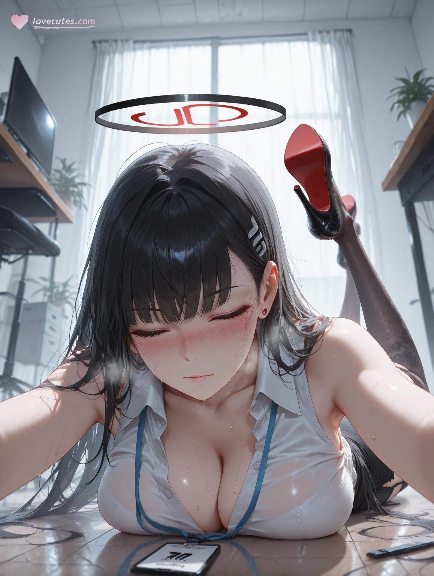 AI Generated Anime Girl - 碧蓝档案 调月莉音 Vol.3：검은 스타킹, 레이스 속옷, 타이트한 의상, 젖은 몸, 노출 163P