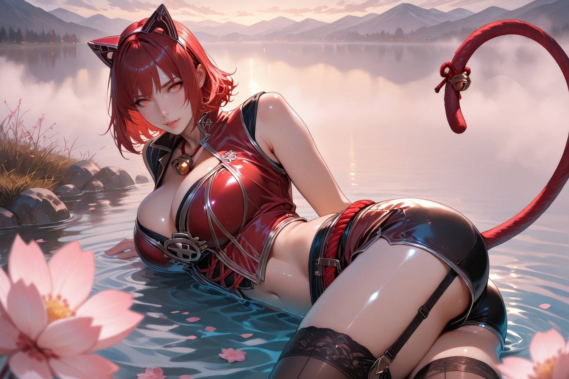 AI Generated Anime Girl - Douluo Dalu Catgirl 블랙 스타킹, 바디수트, 수영복, 비키니, 젖은 연출 AI 이미지 갤러리 752P