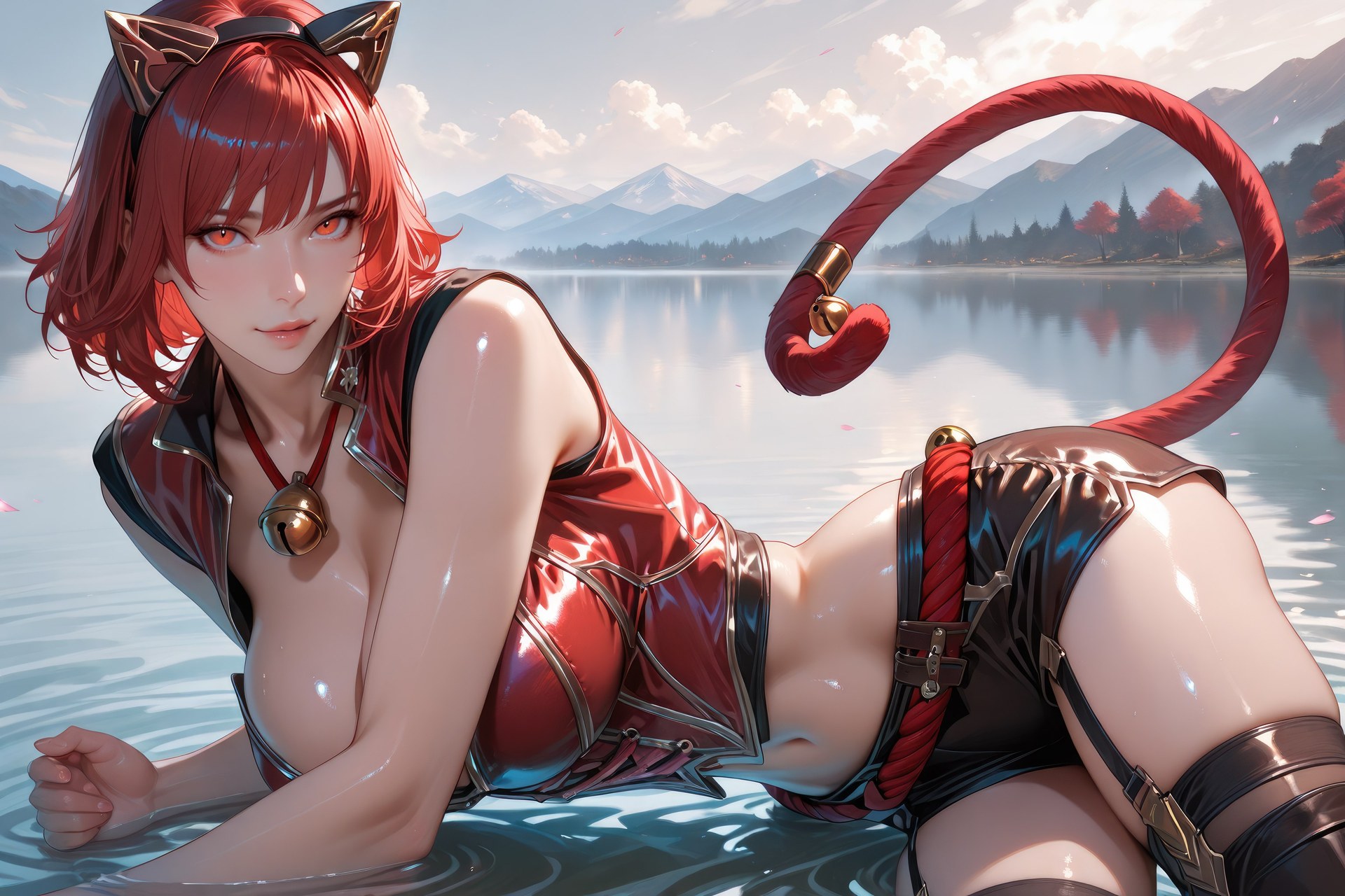 AI Generated Anime Girl - Douluo Dalu Catgirl 블랙 스타킹, 바디수트, 수영복, 비키니, 젖은 연출 AI 이미지 갤러리 752P