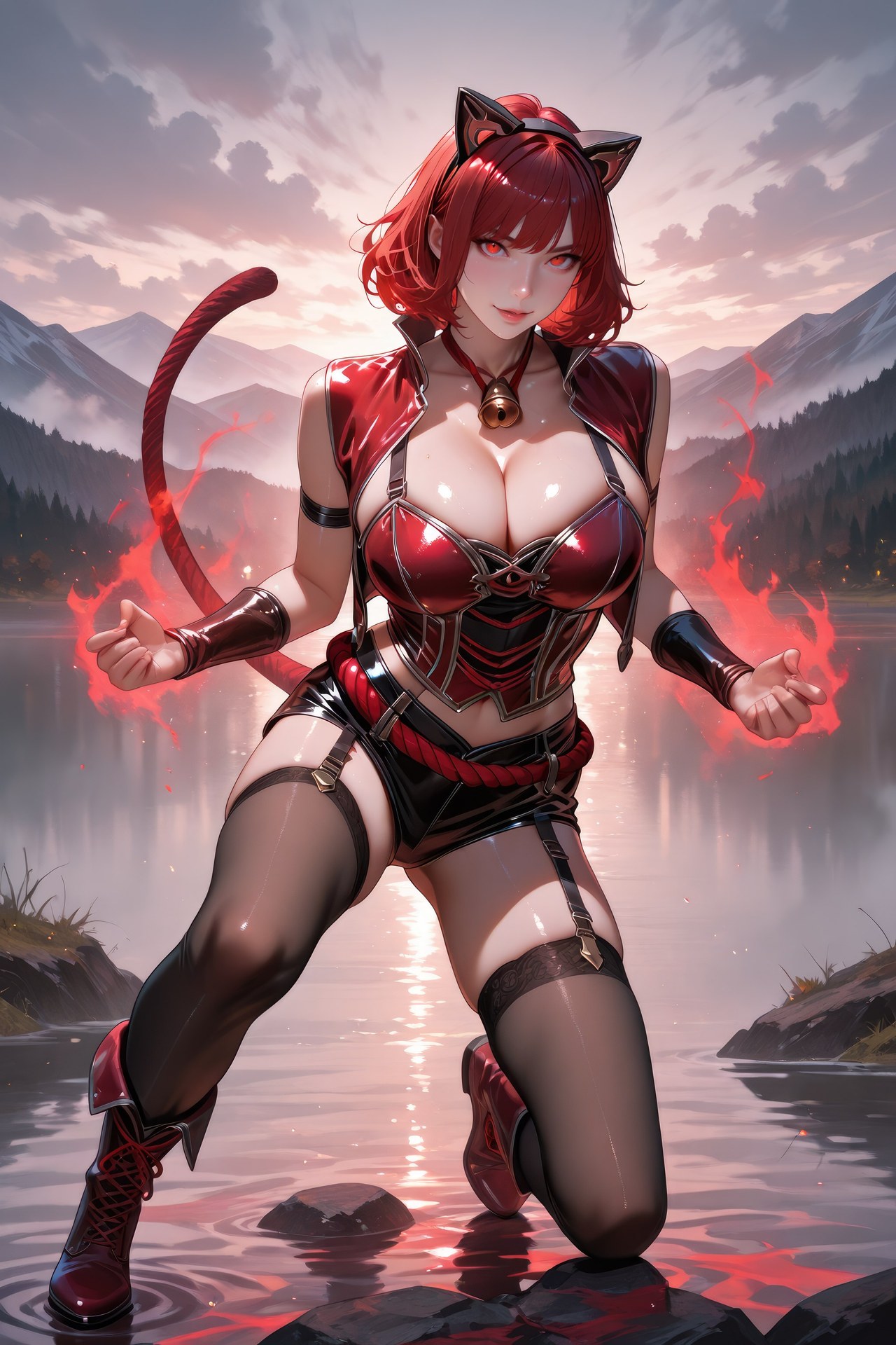AI Generated Anime Girl - Douluo Dalu Catgirl 블랙 스타킹, 바디수트, 수영복, 비키니, 젖은 연출 AI 이미지 갤러리 752P