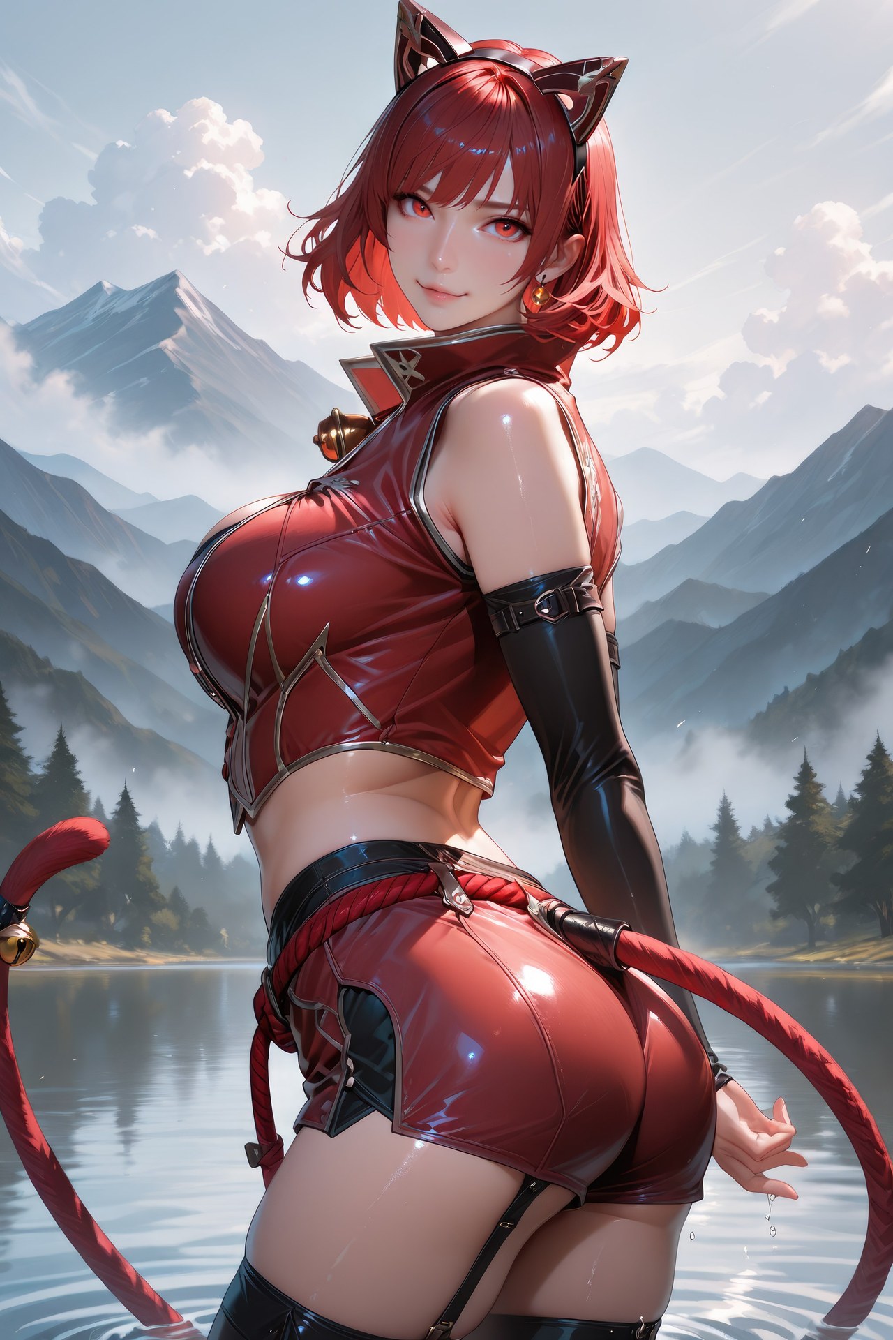 AI Generated Anime Girl - Douluo Dalu Catgirl 블랙 스타킹, 바디수트, 수영복, 비키니, 젖은 연출 AI 이미지 갤러리 752P